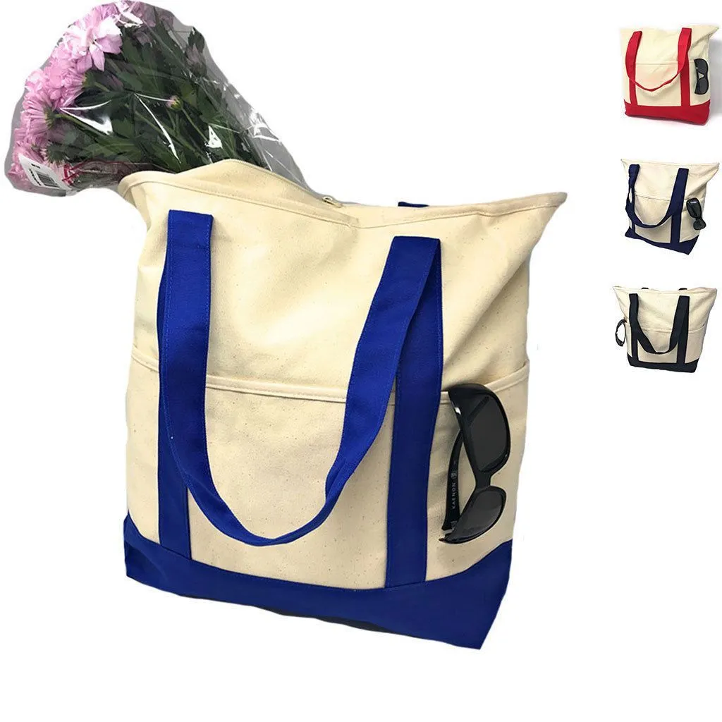 10 Lot Large 20inch Grocery Shopping Beach Totes Bags Reusable Zippered Cotton Canvas Wholesale