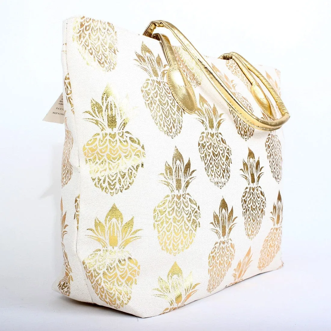 B766  Metal Gold Pineapple Large Beach Tote Bag