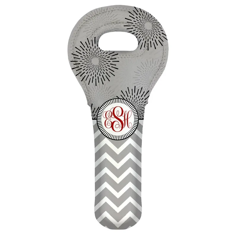 CUSTOMIZABLE Wine Tote - Monogram Design - Gray Sunburst // Chevron