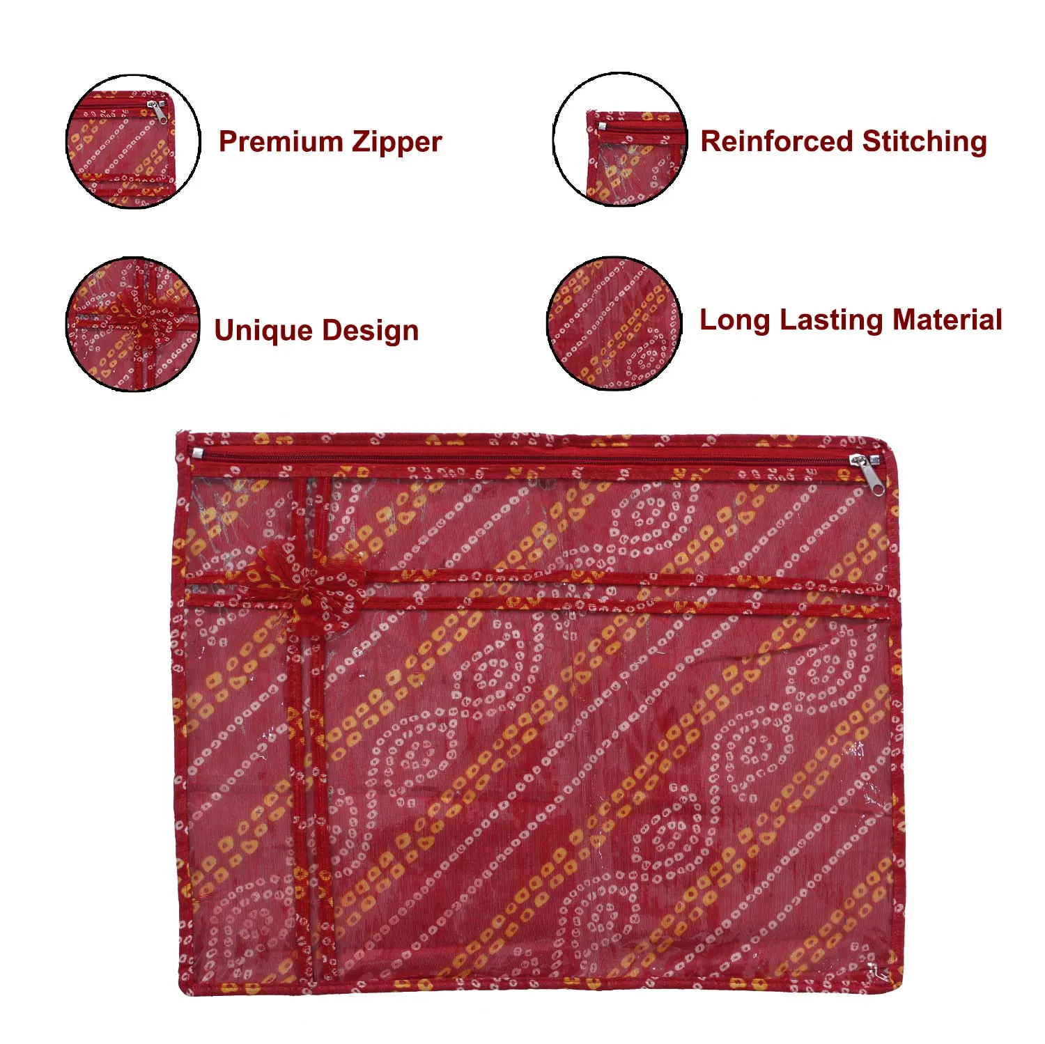 Heart Home Bandhani Print PVC Foldable Single Saree Cover|Clothes Storage For Saree, Lehenga, Suit With Transparent Pack of 9 (Red)