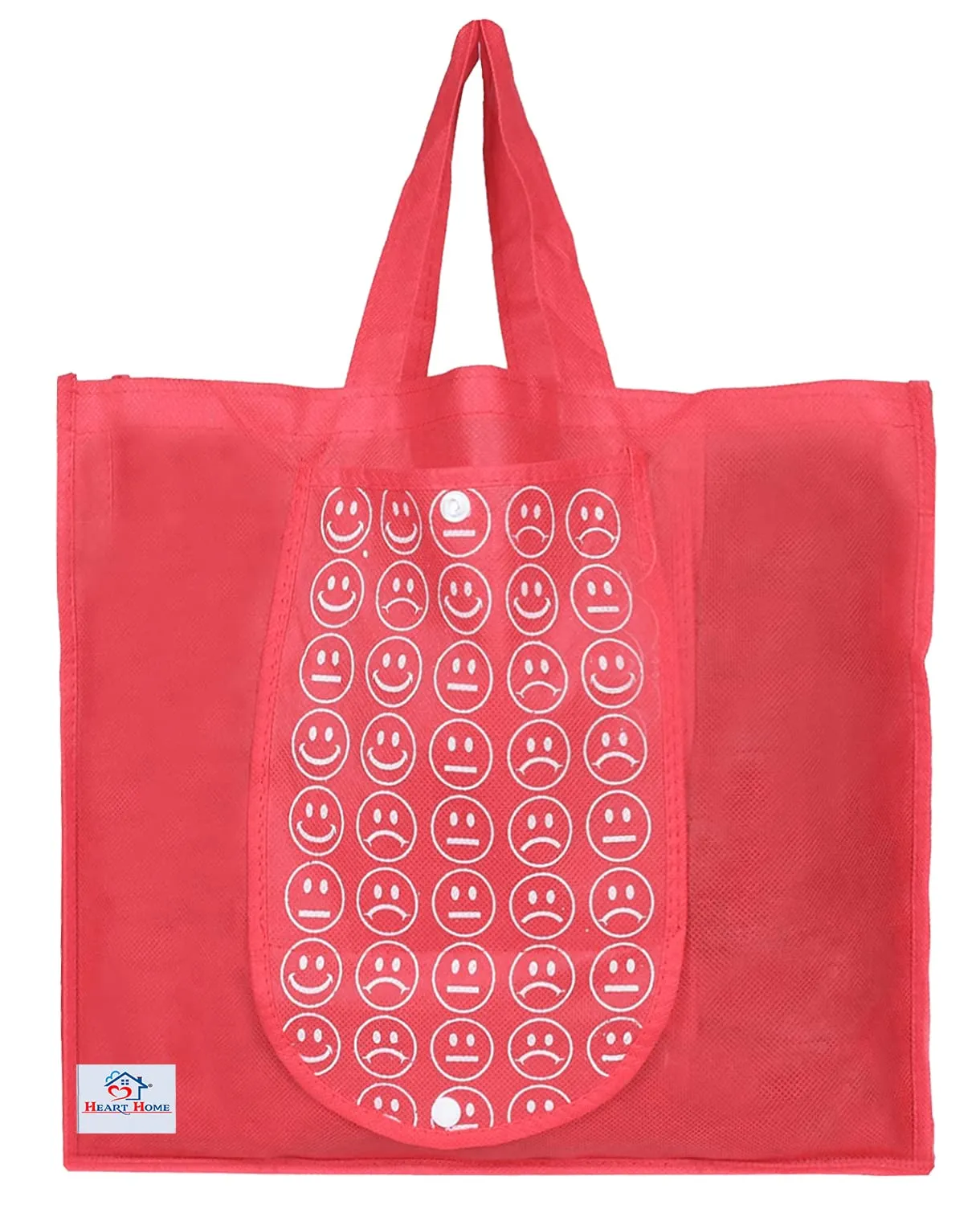 Heart Home Smiley Printed Eco Friendly Foldable Reusable Non-Woven Shopping Grocery Bag with One Small Pocket- Pack of 3 (Blue & Red & Pink) -45LUGHH0202