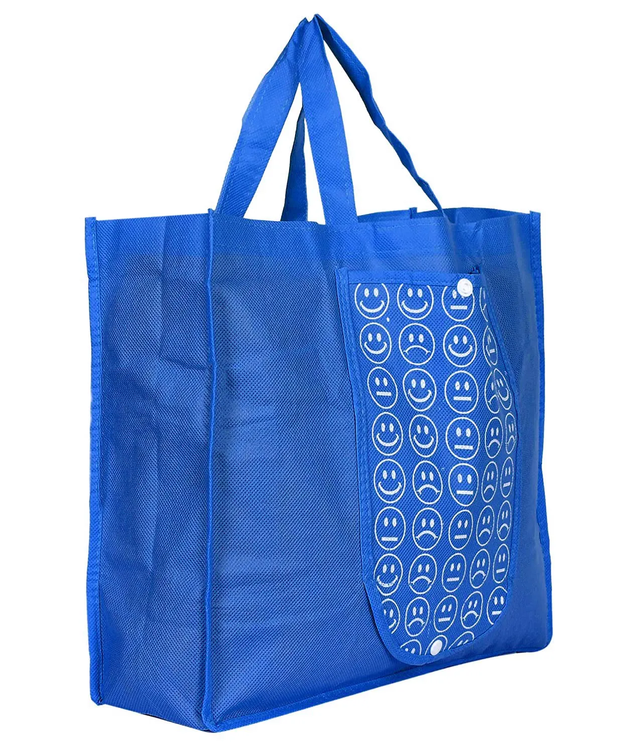 Heart Home Smiley Printed Foldable Non-Woven Grocery Shopping Bag with One Small Pocket- Pack of 2 (Blue) -45LUGHH067