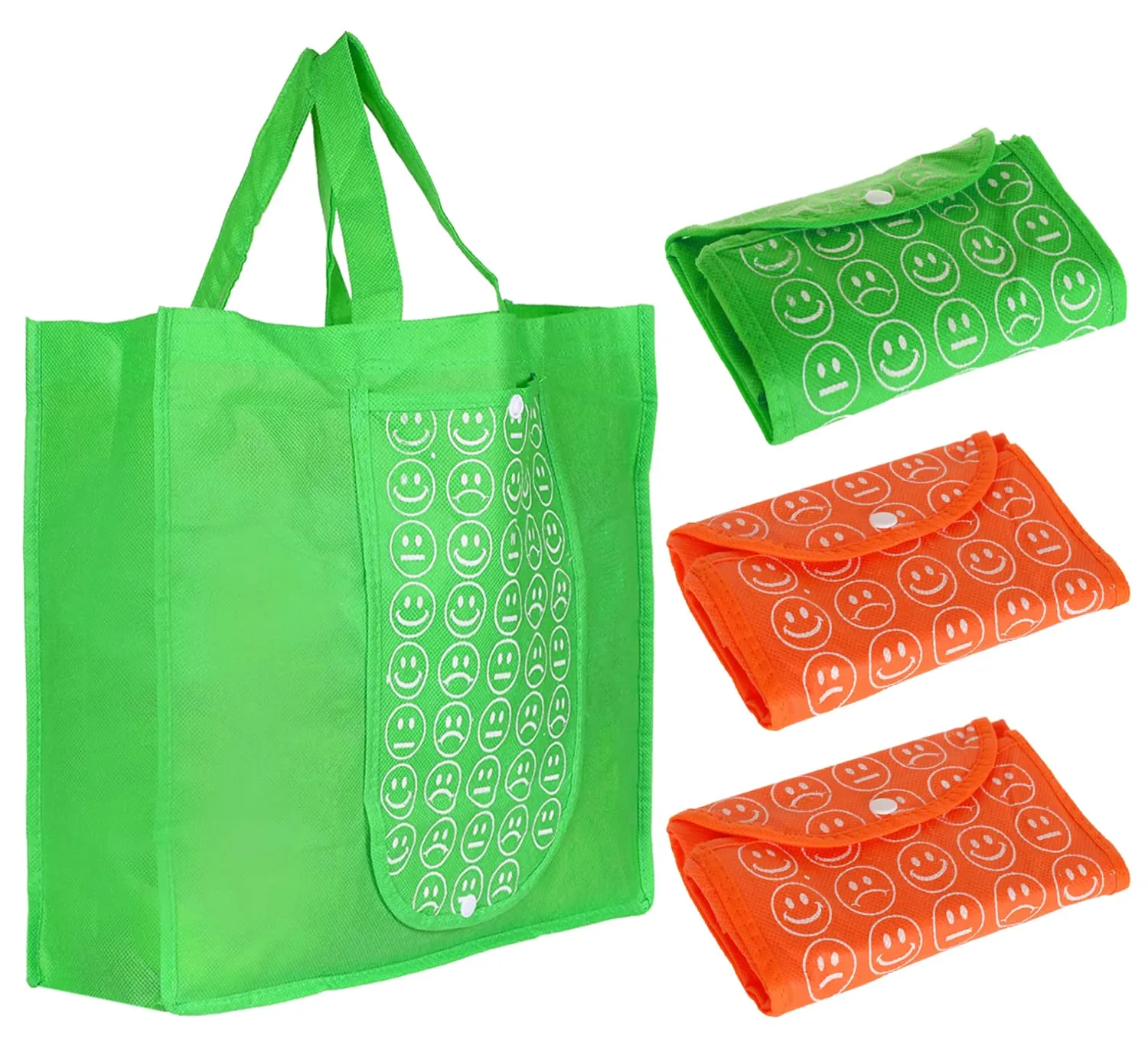 Heart Home Smiley Printed Foldable Non-Woven Grocery Shopping Bag with One Small Pocket- Pack of 4 (Green & Orange) -45LUGHH0249