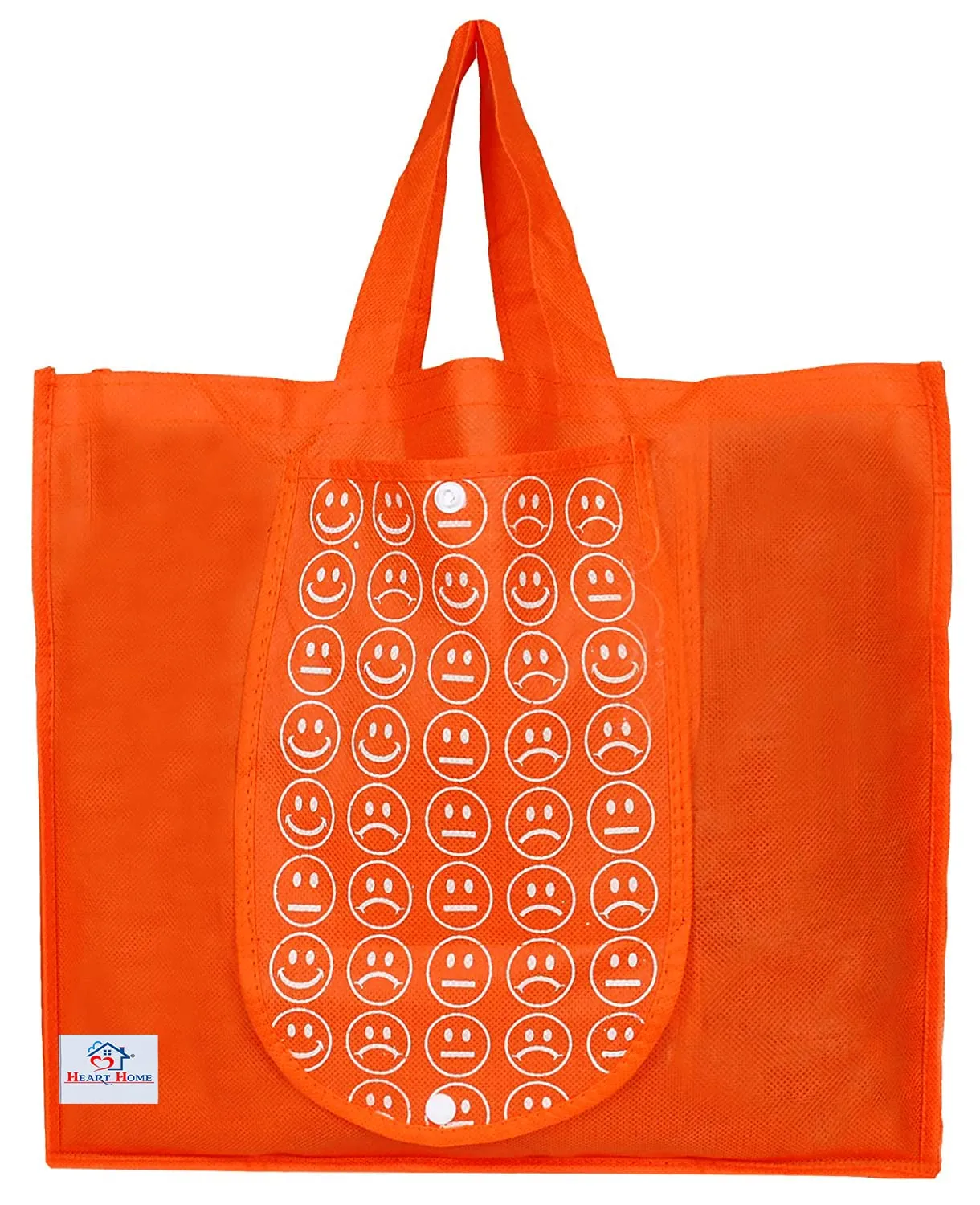 Heart Home Smiley Printed Foldable Non-Woven Grocery Shopping Bag with One Small Pocket- Pack of 4 (Green & Orange) -45LUGHH0249