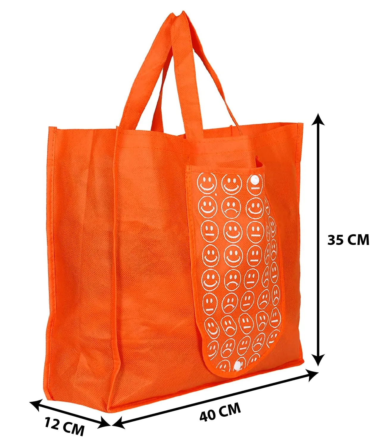 Heart Home Smiley Printed Foldable Non-Woven Grocery Shopping Bag with One Small Pocket- Pack of 4 (Green & Orange) -45LUGHH0249