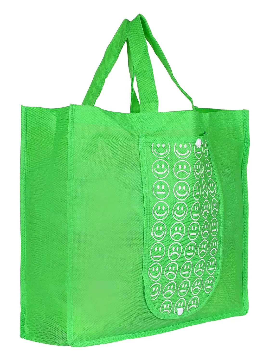 Heart Home Smiley Printed Foldable Non-Woven Grocery Shopping Bag with One Small Pocket- Pack of 4 (Green & Orange) -45LUGHH0249