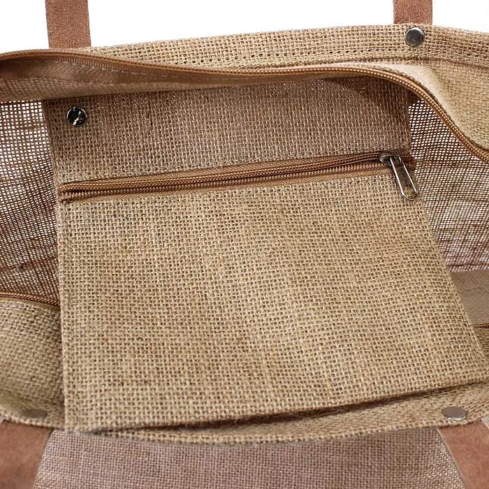 JUTE Leather Handle Jute Burlap Tote