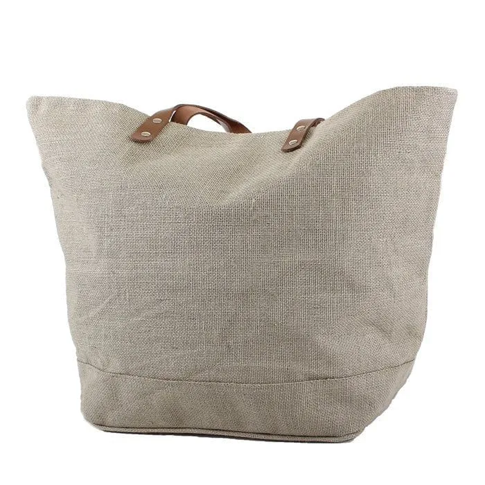 JUTE Leather Handle Jute Burlap Tote