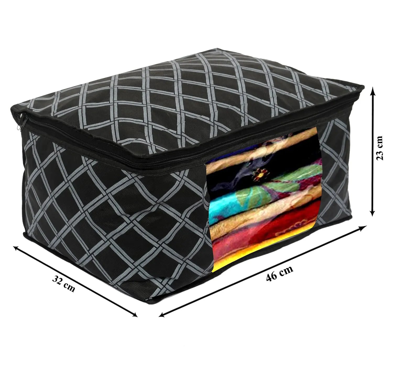 Kuber Industries Check Print Non-Woven Foldable Saree Cover|Clothes Storage For Saree, Lehenga, Suit With Top Transparent Pack of 3 (Black)