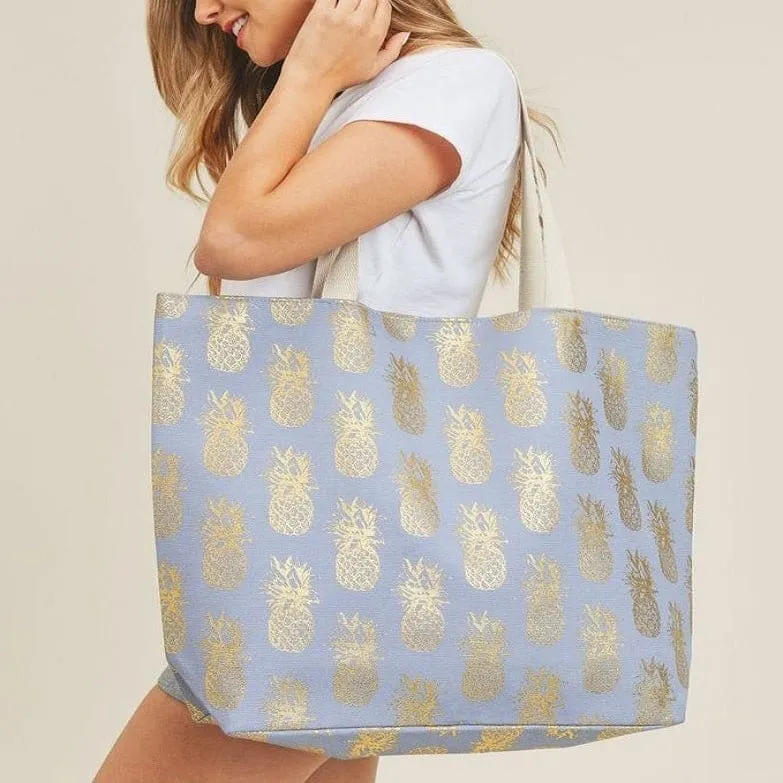 MB0134 Gold Foil Pineapple Beach Tote Bag