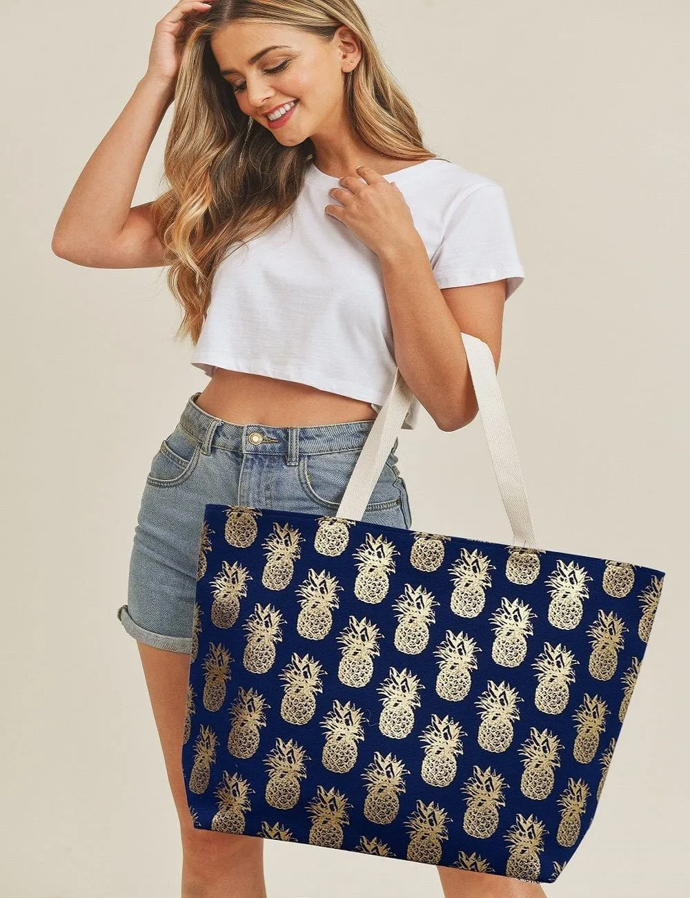 MB0134 Gold Foil Pineapple Beach Tote Bag