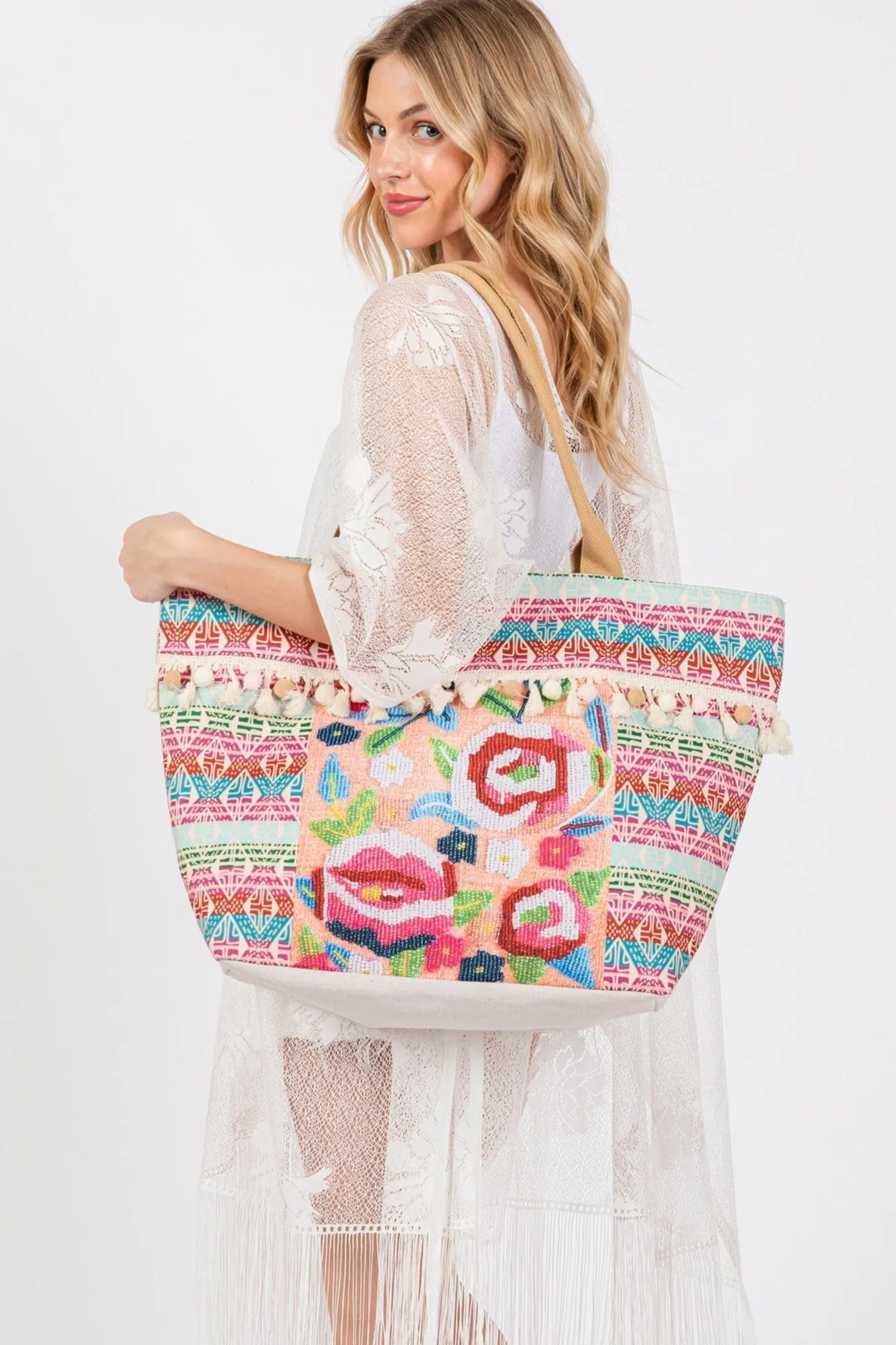 MB0251 Violeta Boho Rose Print Tassel Tote Bag