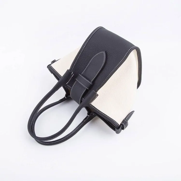 Mini Black & White Two-handed Canvas and Full Grain Cow Leather Square Swing Bag | Wings Bag