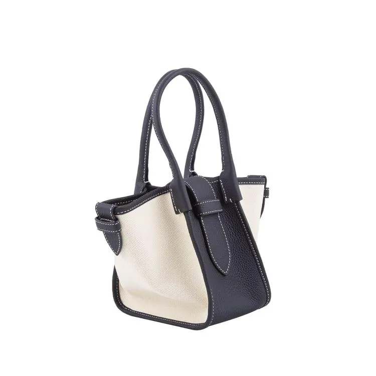 Mini Black & White Two-handed Canvas and Full Grain Cow Leather Square Swing Bag | Wings Bag