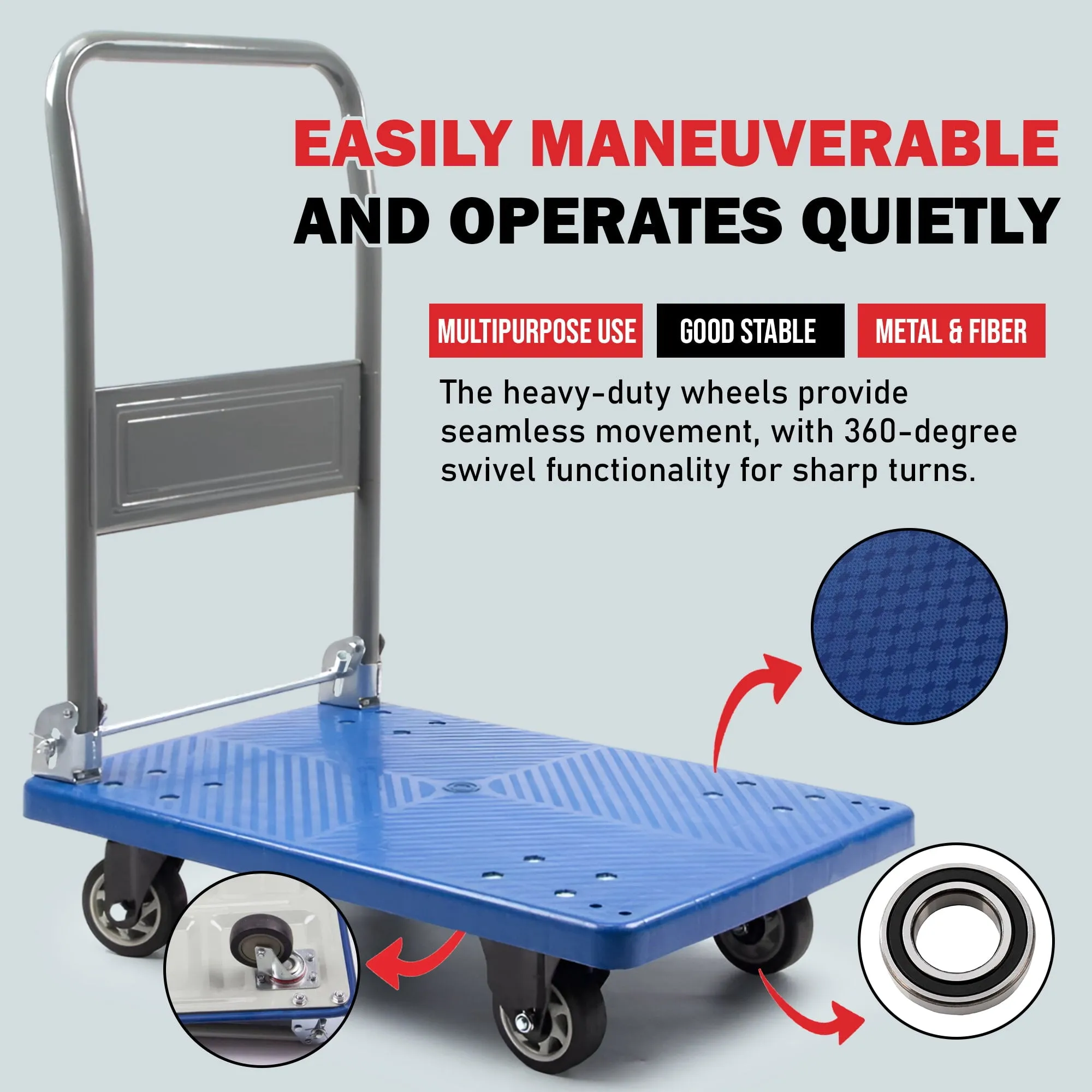 Platform Push Cart Dolly, Compact & Foldable for Easy Storage and Mobility, 330-660 lb Capacity, 360 Degree Swivel Wheels, Blue