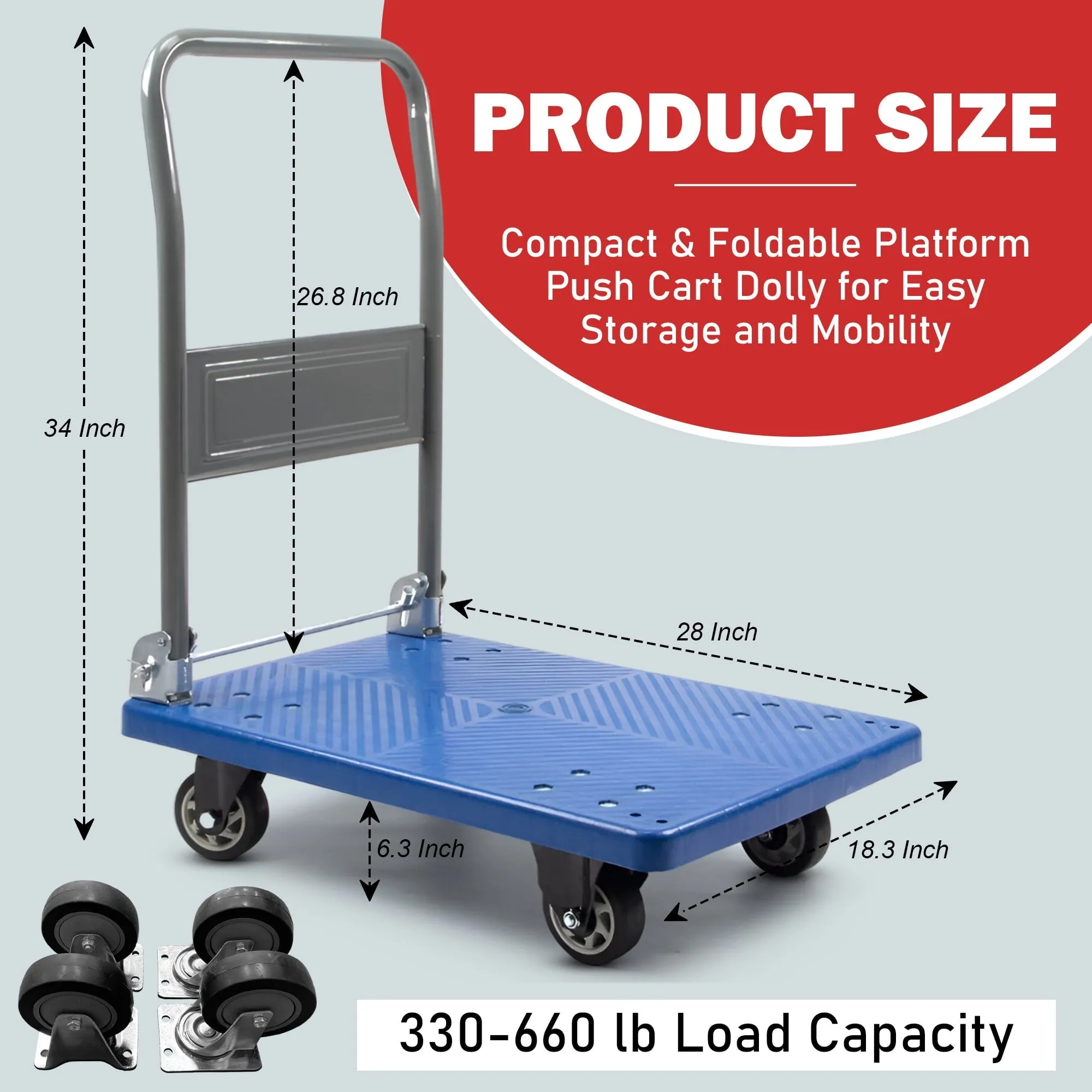 Platform Push Cart Dolly, Compact & Foldable for Easy Storage and Mobility, 330-660 lb Capacity, 360 Degree Swivel Wheels, Blue