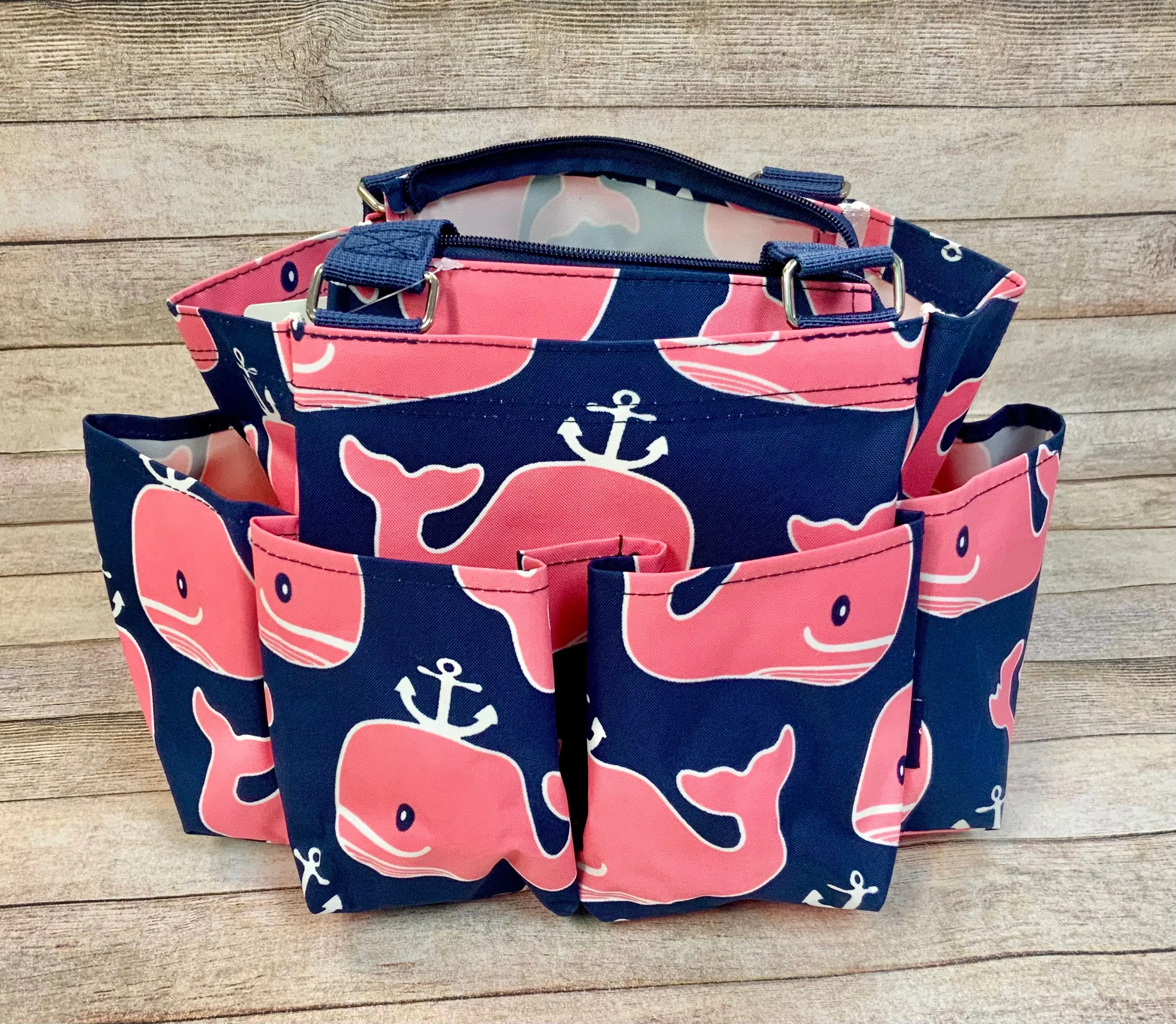 Preppy Whale Organizer Tote/ Caddy on Navy Canvas with Navy Trim