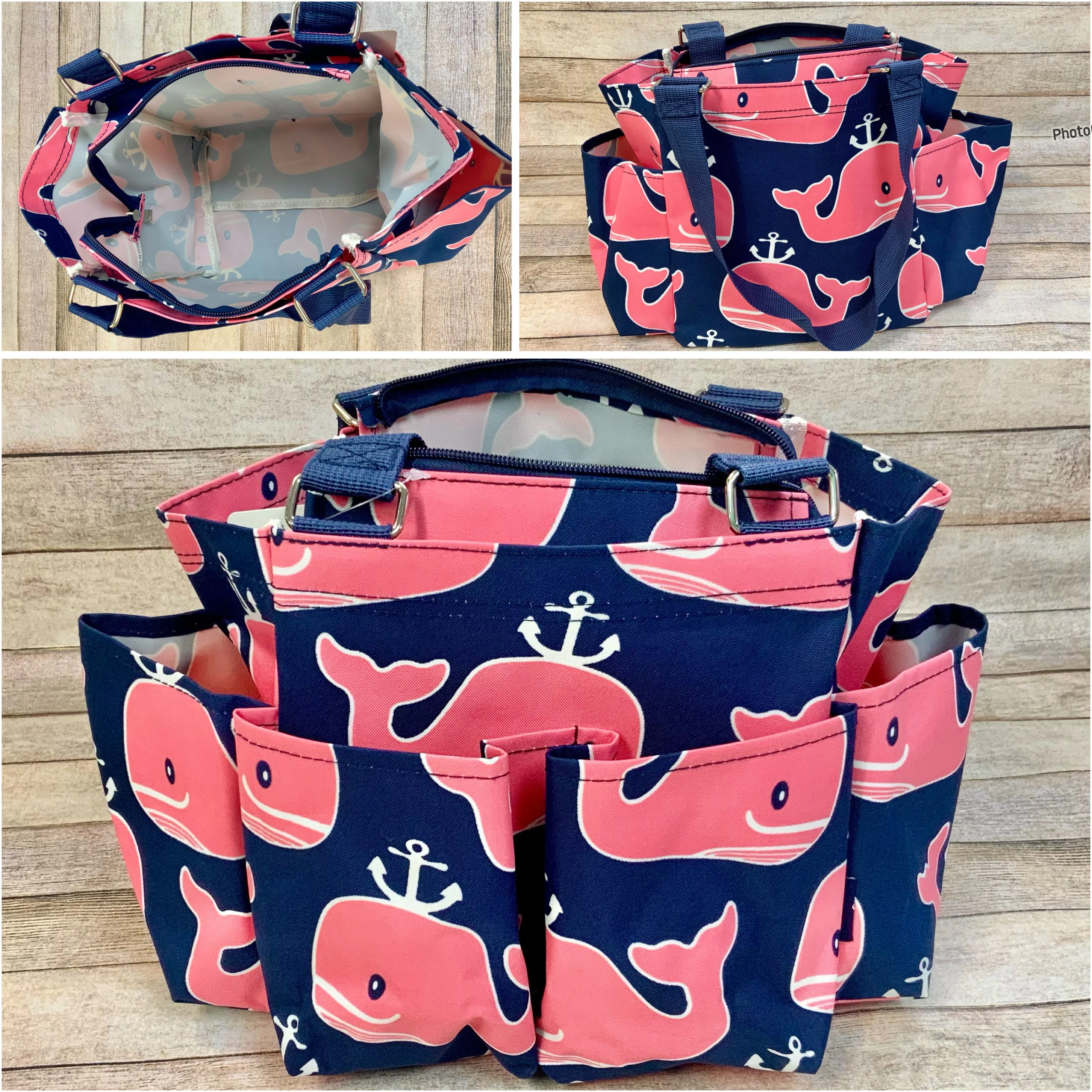 Preppy Whale Organizer Tote/ Caddy on Navy Canvas with Navy Trim