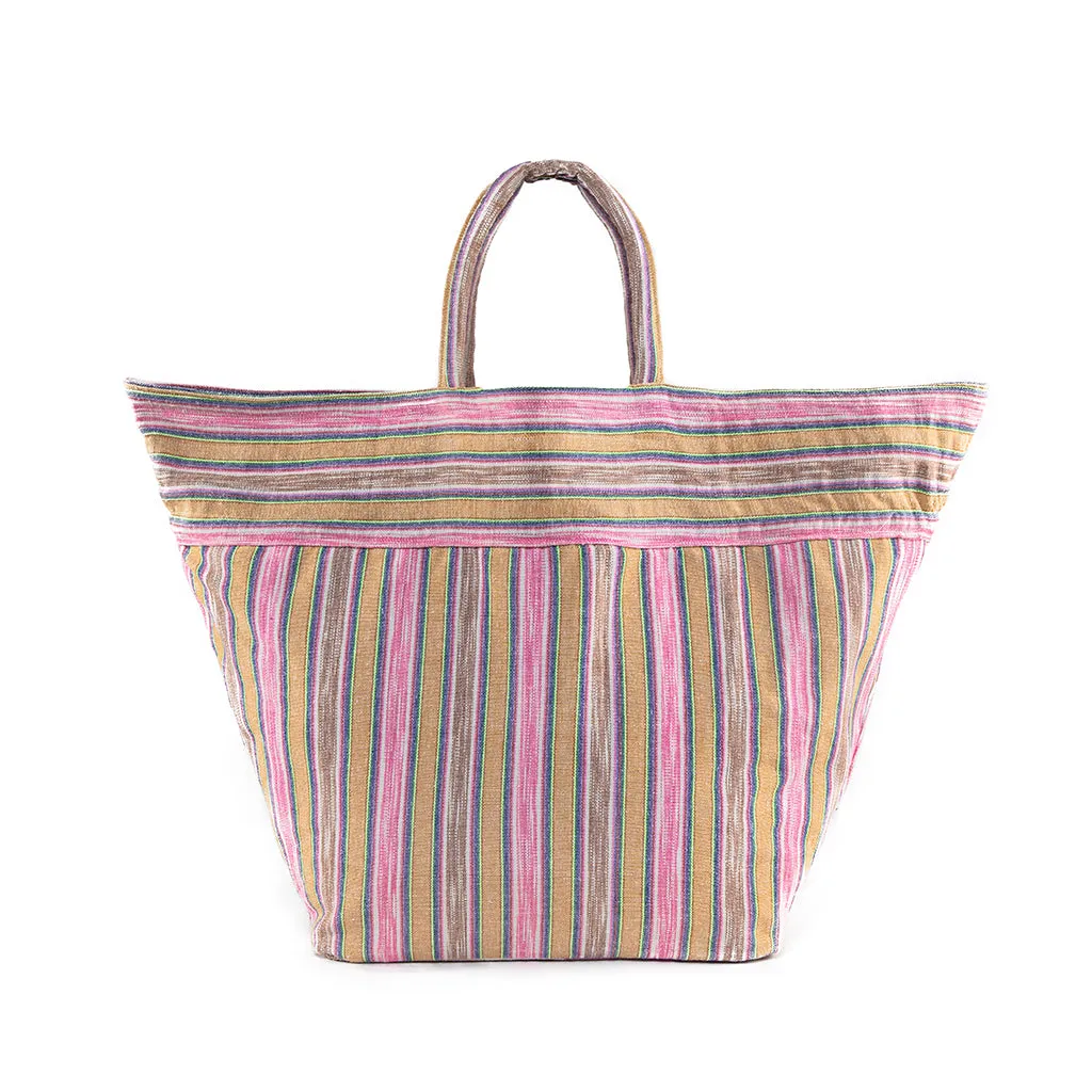 Samui Stripe Organic Tassel Beach Bag Sand/Pink