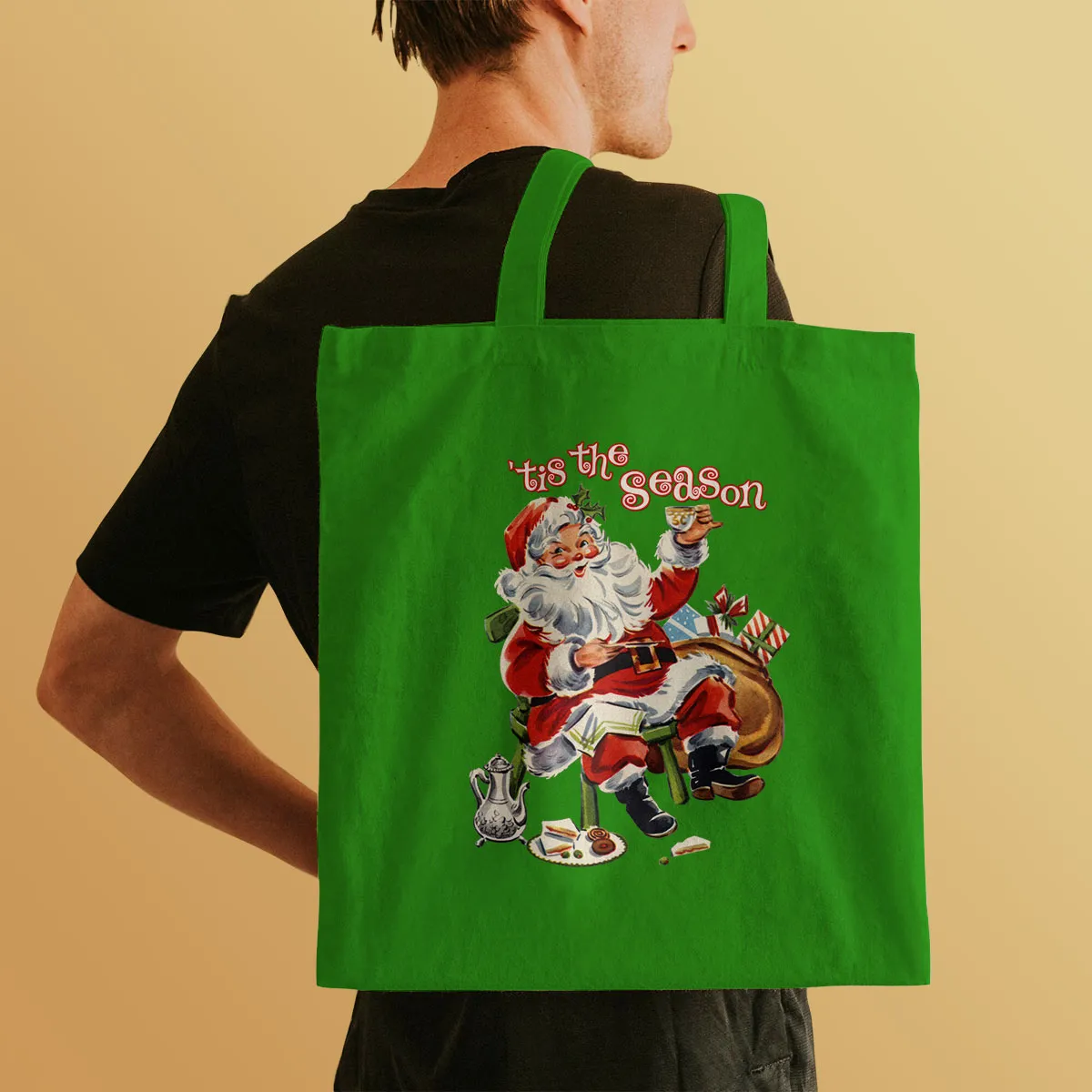 Santa Tis The Season Cotton Canvas Tote Bag Grocery Totes