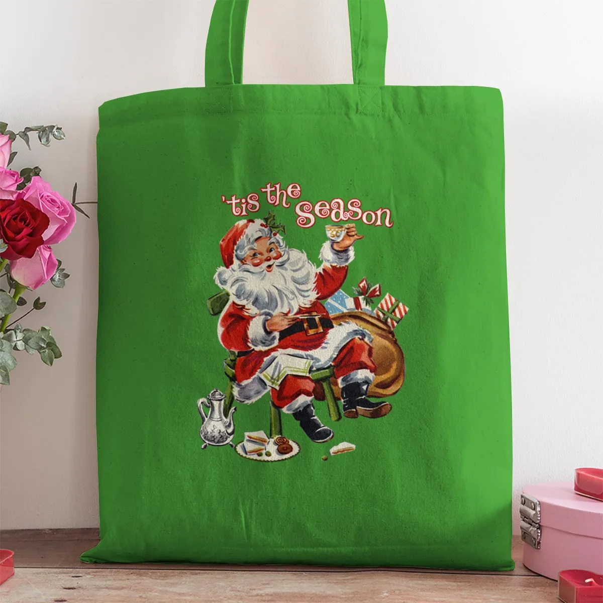 Santa Tis The Season Cotton Canvas Tote Bag Grocery Totes