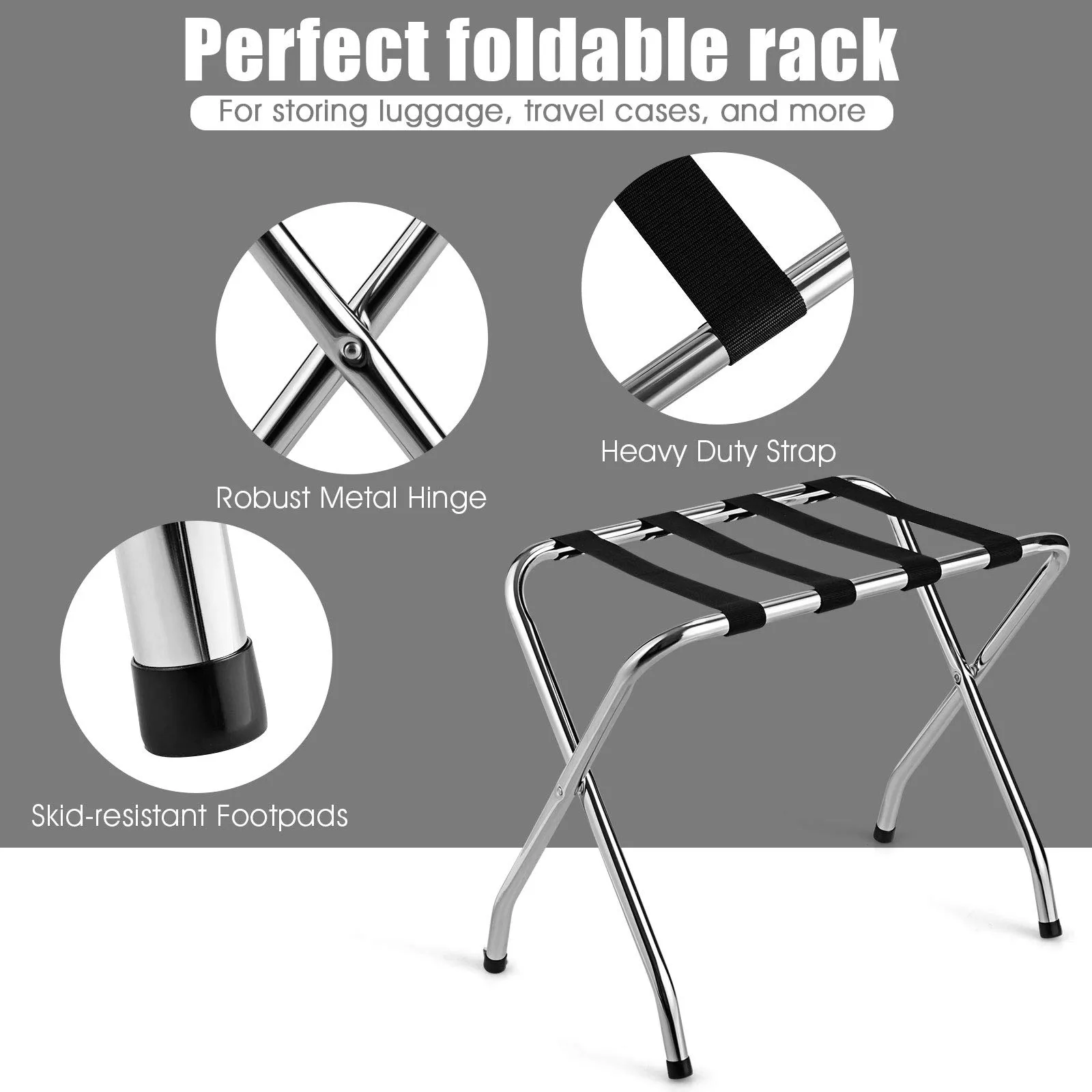 Tangkula Chrome Luggage Rack for Guest Room, No Assembly Required, Folding Metal Suitcase Stand with Nylon Belts