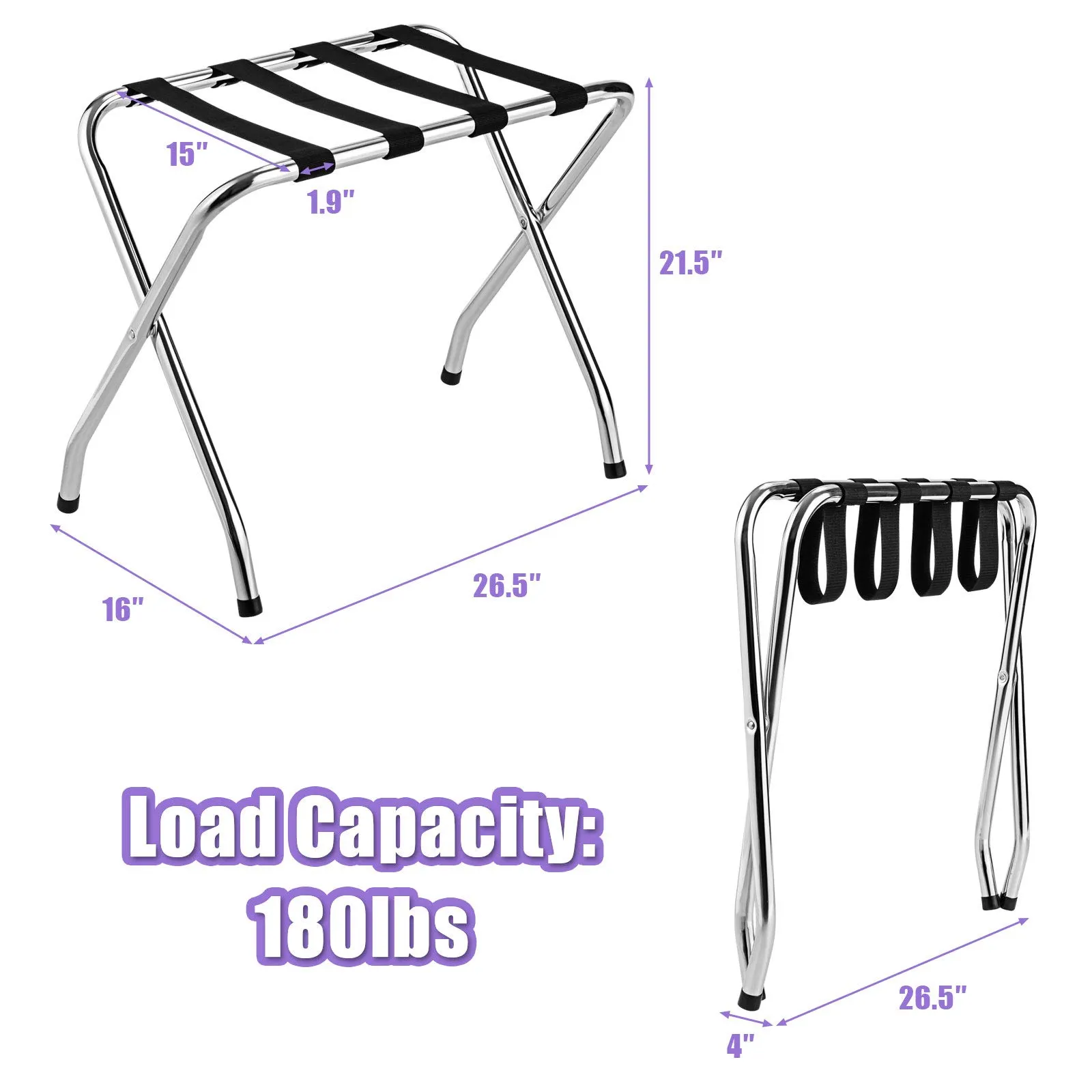 Tangkula Chrome Luggage Rack for Guest Room, No Assembly Required, Folding Metal Suitcase Stand with Nylon Belts