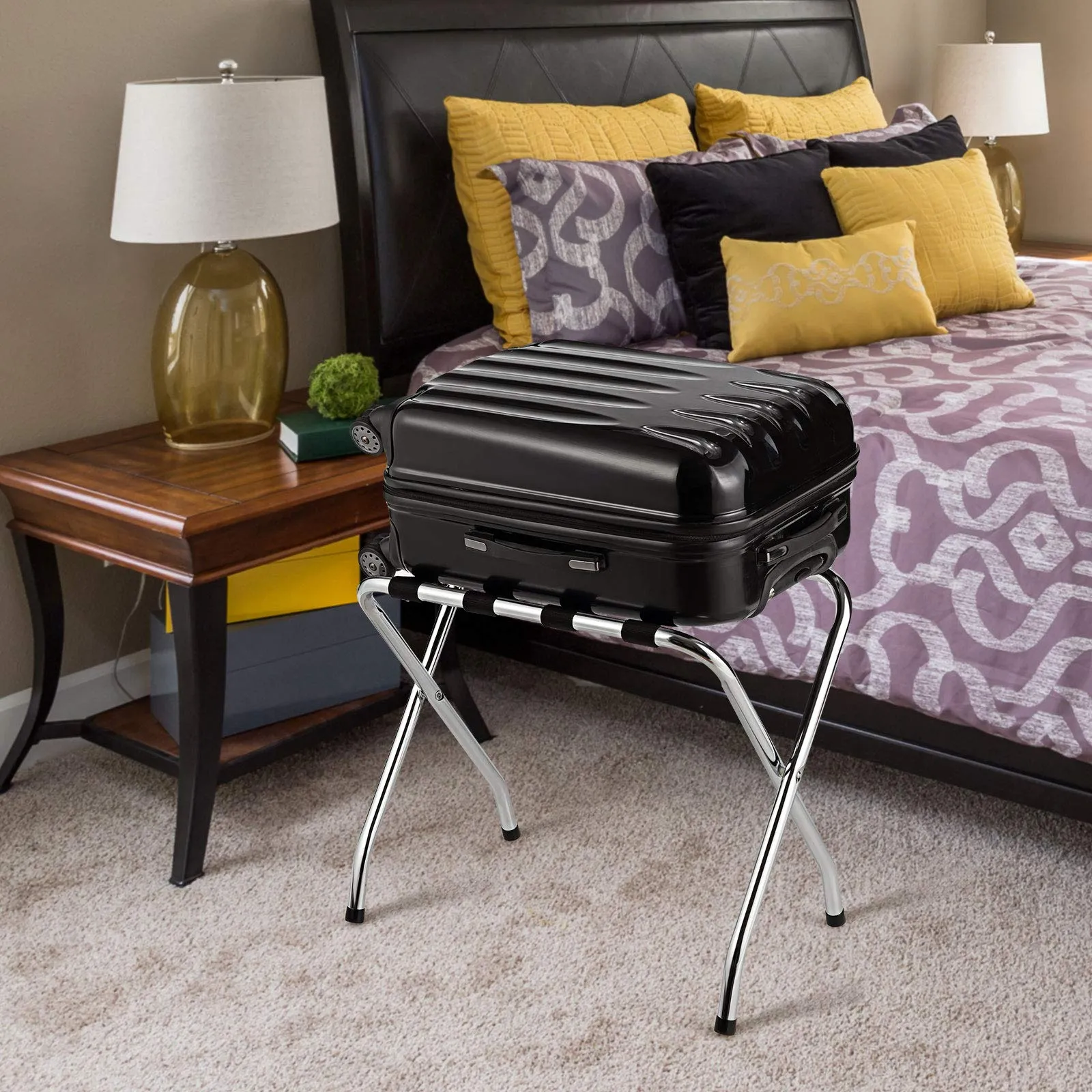 Tangkula Chrome Luggage Rack for Guest Room, No Assembly Required, Folding Metal Suitcase Stand with Nylon Belts