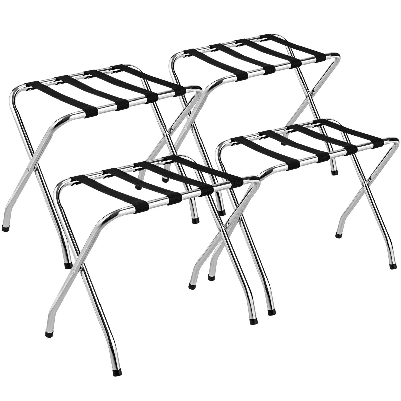 Tangkula Chrome Luggage Rack for Guest Room, No Assembly Required, Folding Metal Suitcase Stand with Nylon Belts