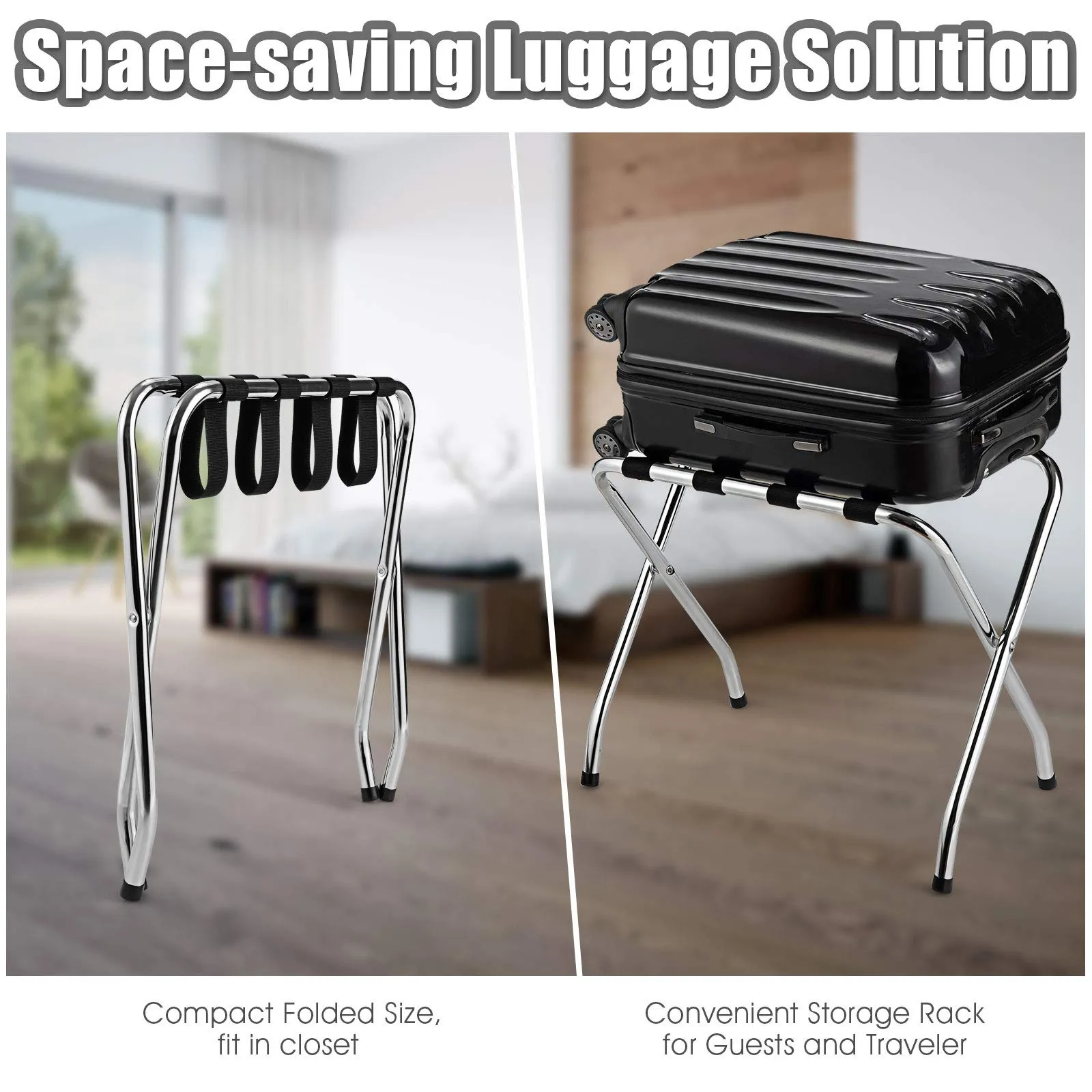 Tangkula Chrome Luggage Rack for Guest Room, No Assembly Required, Folding Metal Suitcase Stand with Nylon Belts