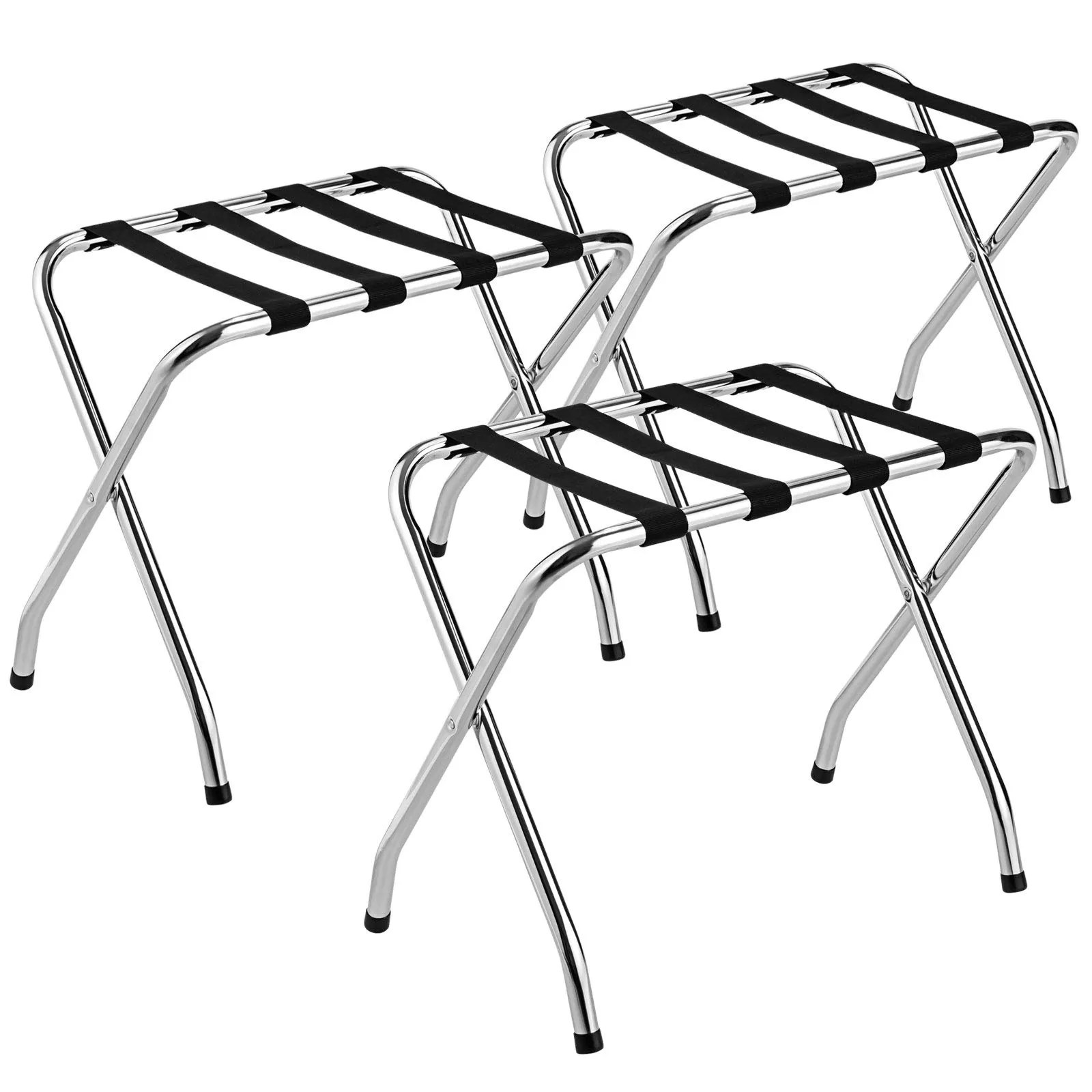 Tangkula Chrome Luggage Rack for Guest Room, No Assembly Required, Folding Metal Suitcase Stand with Nylon Belts