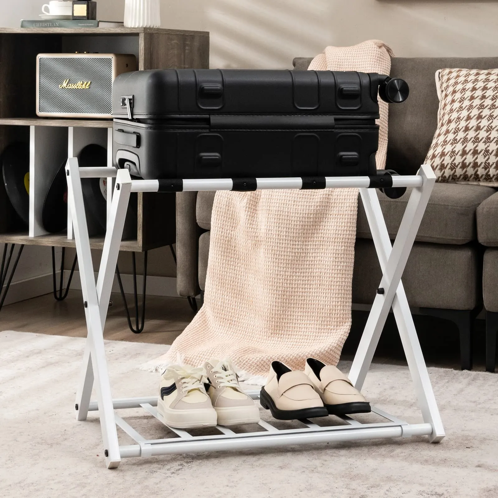 Tangkula Luggage Rack , Folding Metal Suitcase Luggage Stand, Double Tiers Luggage Holder with Shoe Shelf