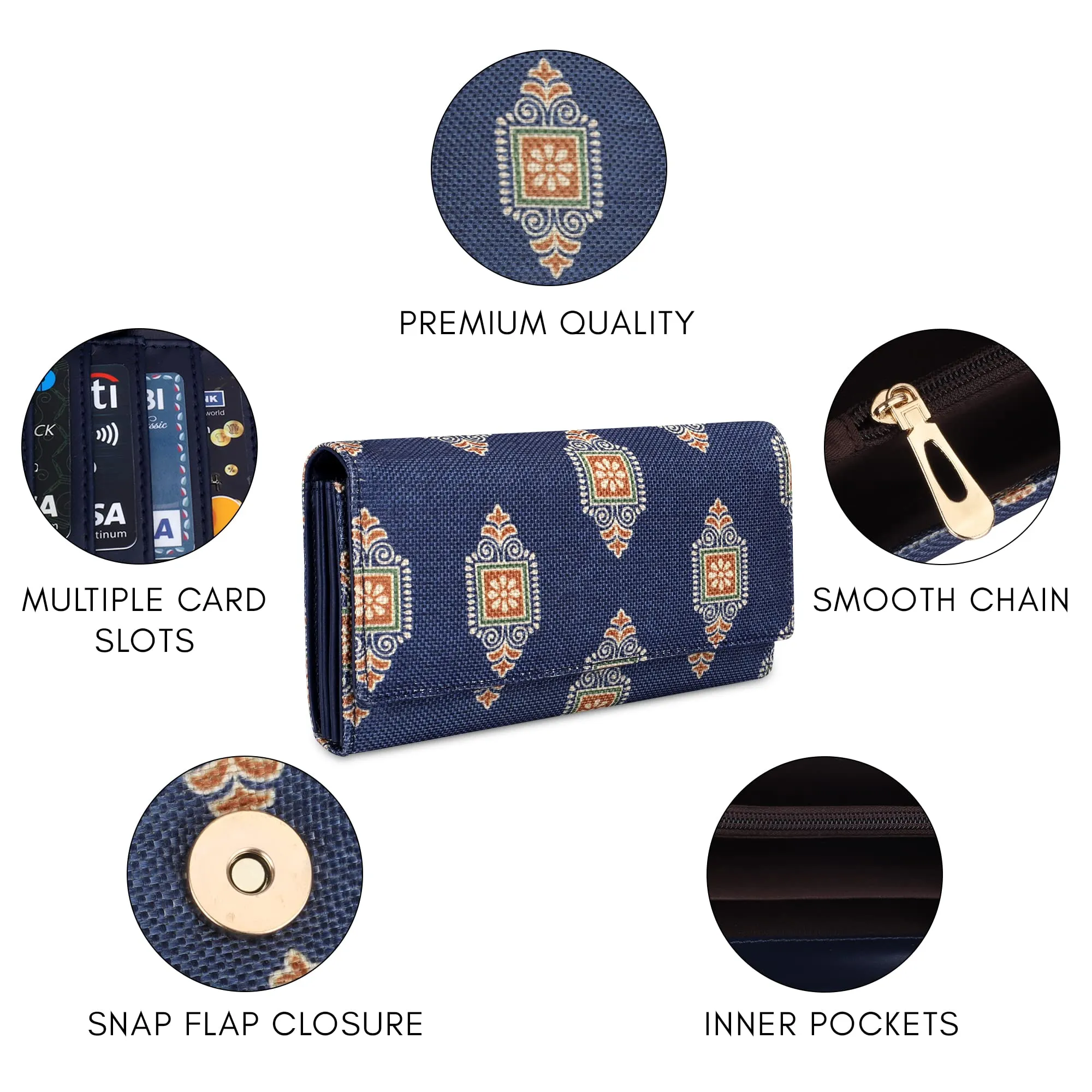 THE CLOWNFISH Charisma Collection Printed Handicraft Fabric & Faux Leather Womens Wallet Clutch Ladies Purse with Multiple Card Slots (Dark Blue)