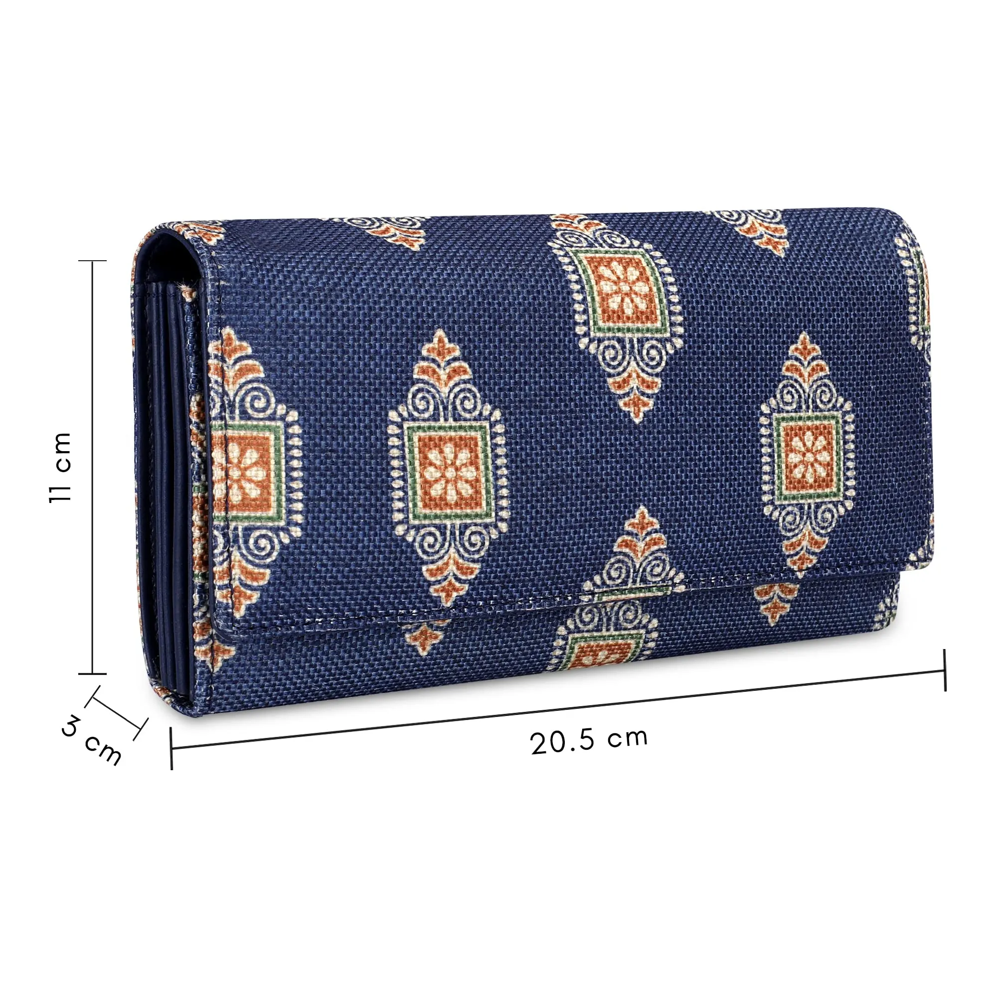 THE CLOWNFISH Charisma Collection Printed Handicraft Fabric & Faux Leather Womens Wallet Clutch Ladies Purse with Multiple Card Slots (Dark Blue)