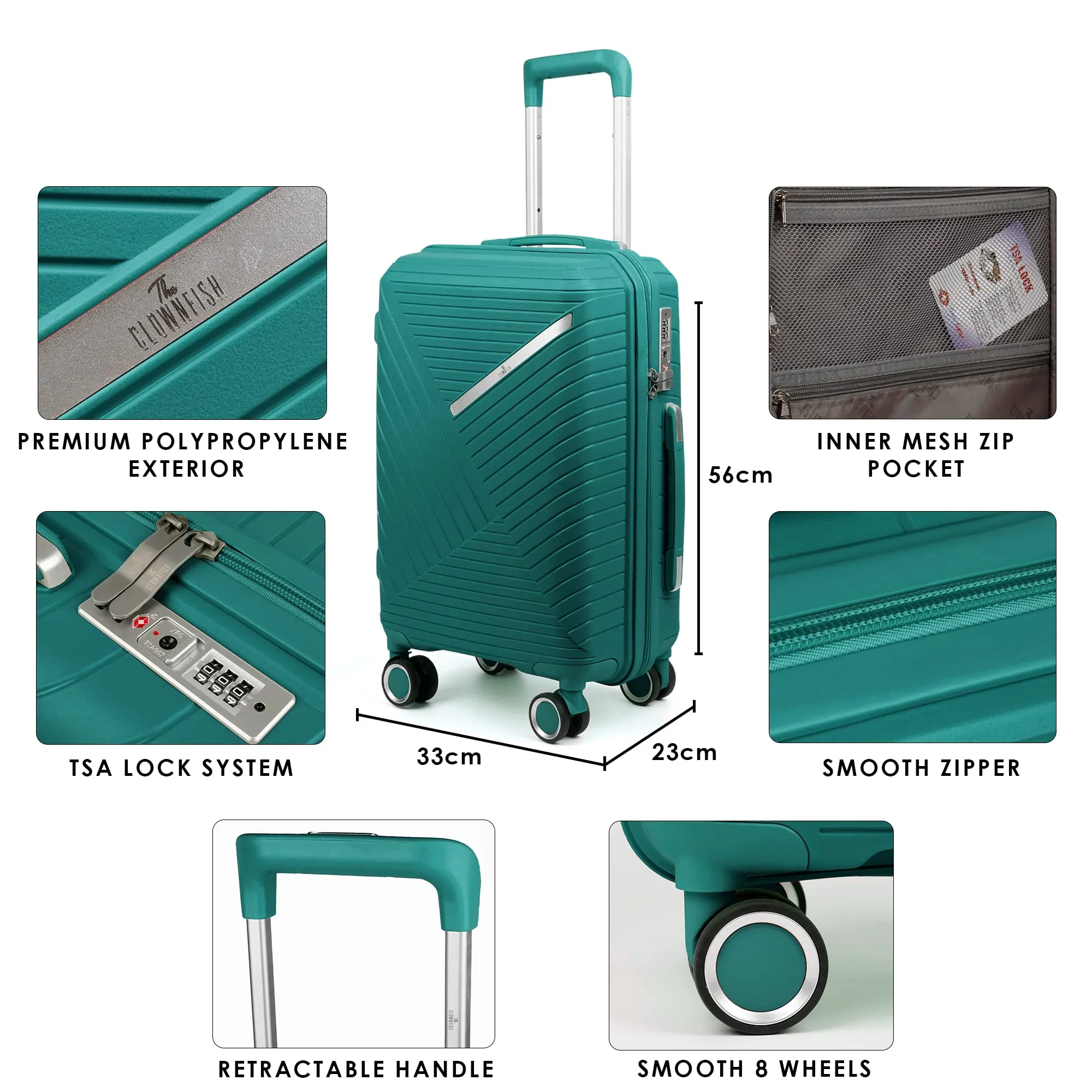 THE CLOWNFISH Denzel Series Luggage Polypropylene Spinner Hardside Case Suitcase 8 Wheel Trolley Bag With Tsa Lock- Teal (Small Size, 56 Cm-22 Inch), 33 Centimeters, 23 Centimeters