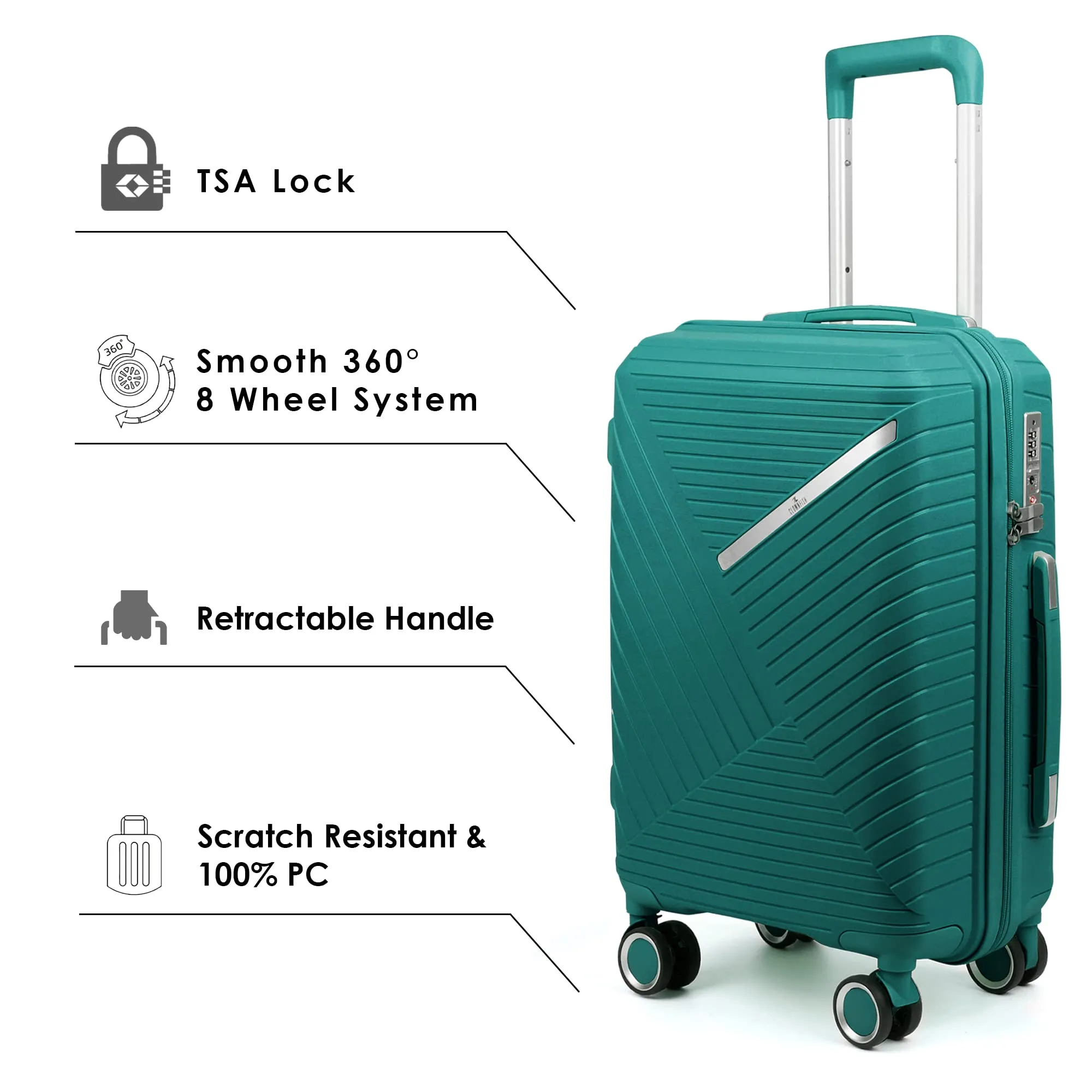 THE CLOWNFISH Denzel Series Luggage Polypropylene Spinner Hardside Case Suitcase 8 Wheel Trolley Bag With Tsa Lock- Teal (Small Size, 56 Cm-22 Inch), 33 Centimeters, 23 Centimeters