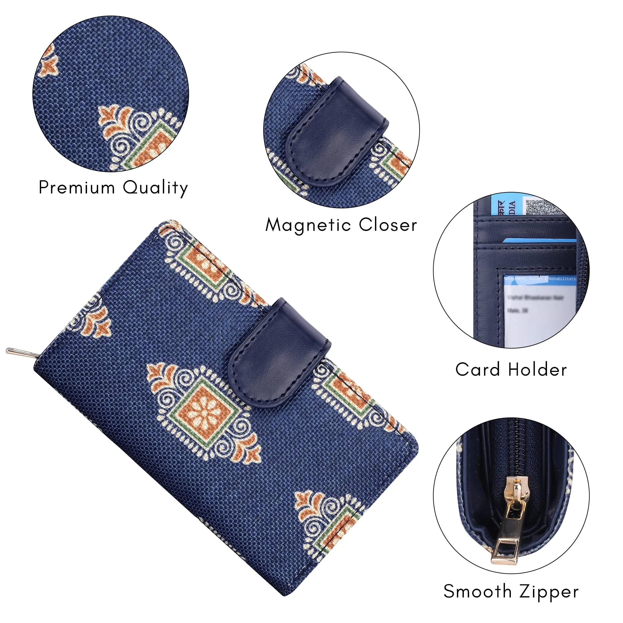 THE CLOWNFISH Fab Series Printed Handicraft Fabric & Vegan Leather Ladies Wallet Clutch Purse for Women Girls with Multiple Compartments (Dark Blue)