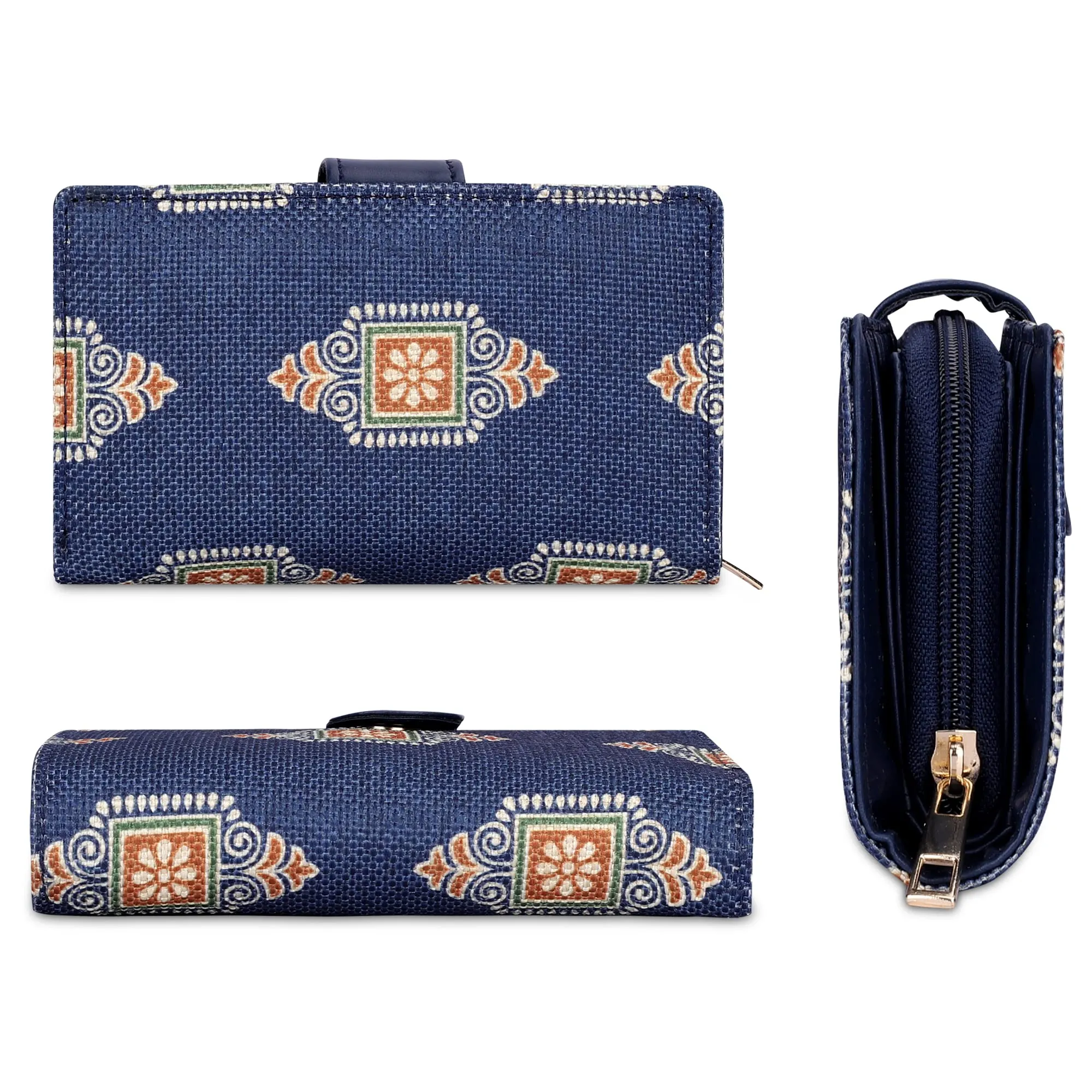 THE CLOWNFISH Fab Series Printed Handicraft Fabric & Vegan Leather Ladies Wallet Clutch Purse for Women Girls with Multiple Compartments (Dark Blue)