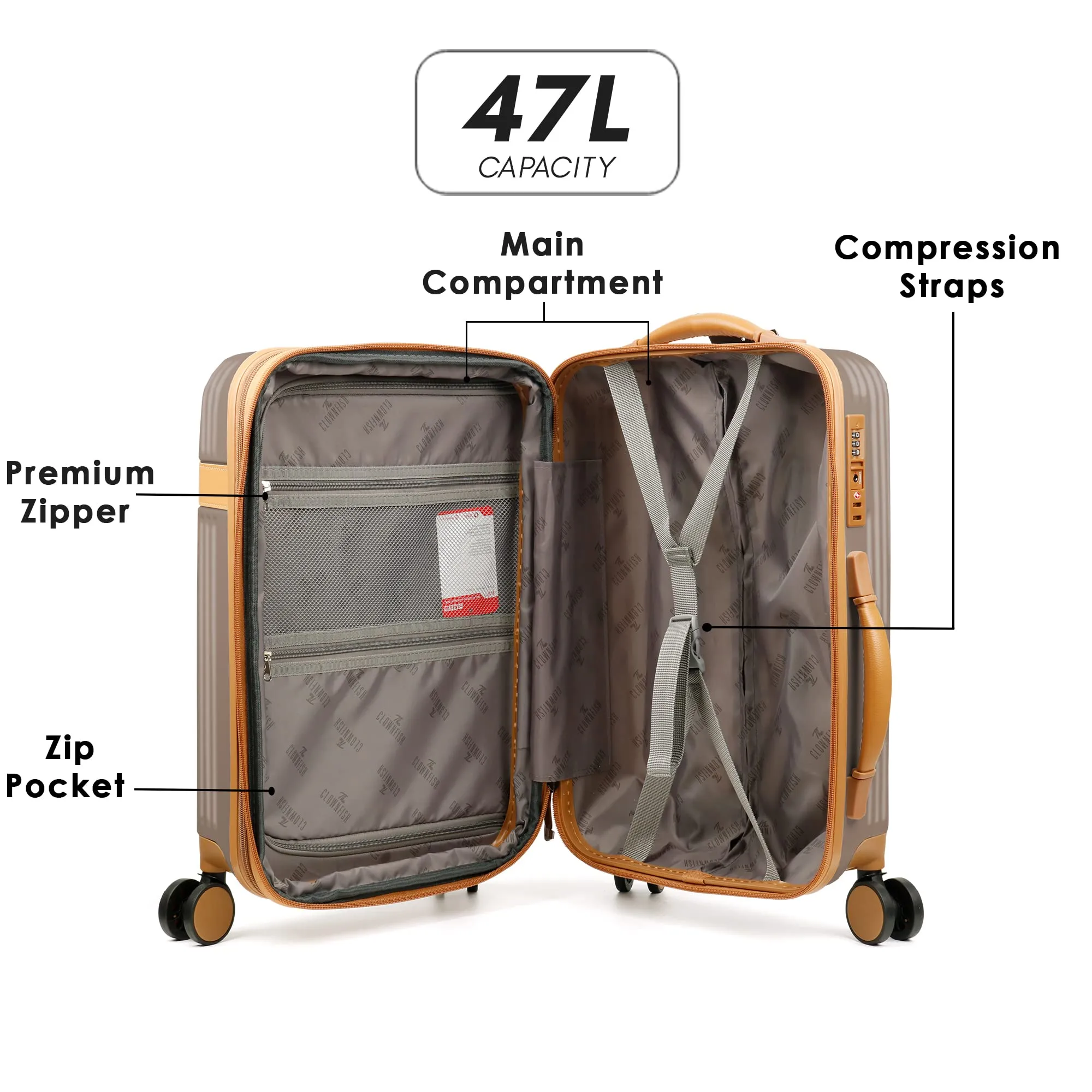 THE CLOWNFISH Kenzo Series Expandable Luggage ABS & Polycarbonate Exterior Hard Case Suitcase Eight Wheel Trolley Bag with TSA Lock- Champagne (Small size, 54 cm-21 inch)