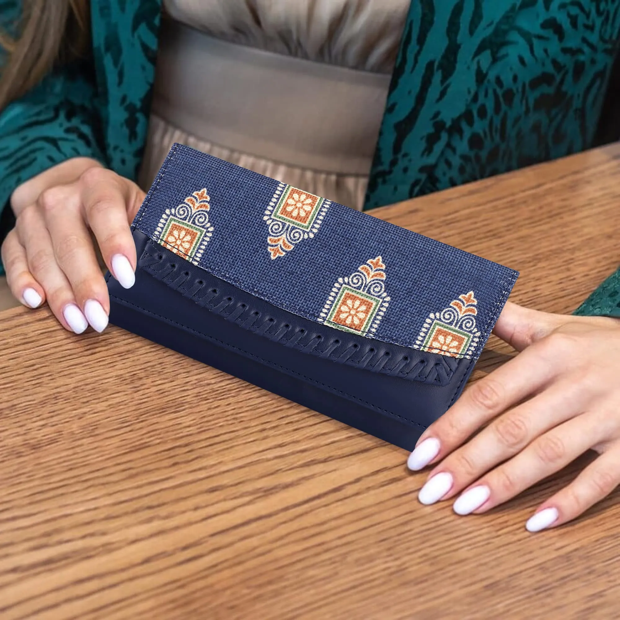 THE CLOWNFISH Ladyluxe Collection Printed Handicraft Fabric & Faux Leather Womens Wallet Clutch Ladies Purse with Snap Flap Closure & Multiple Card Slots (Dark Blue)