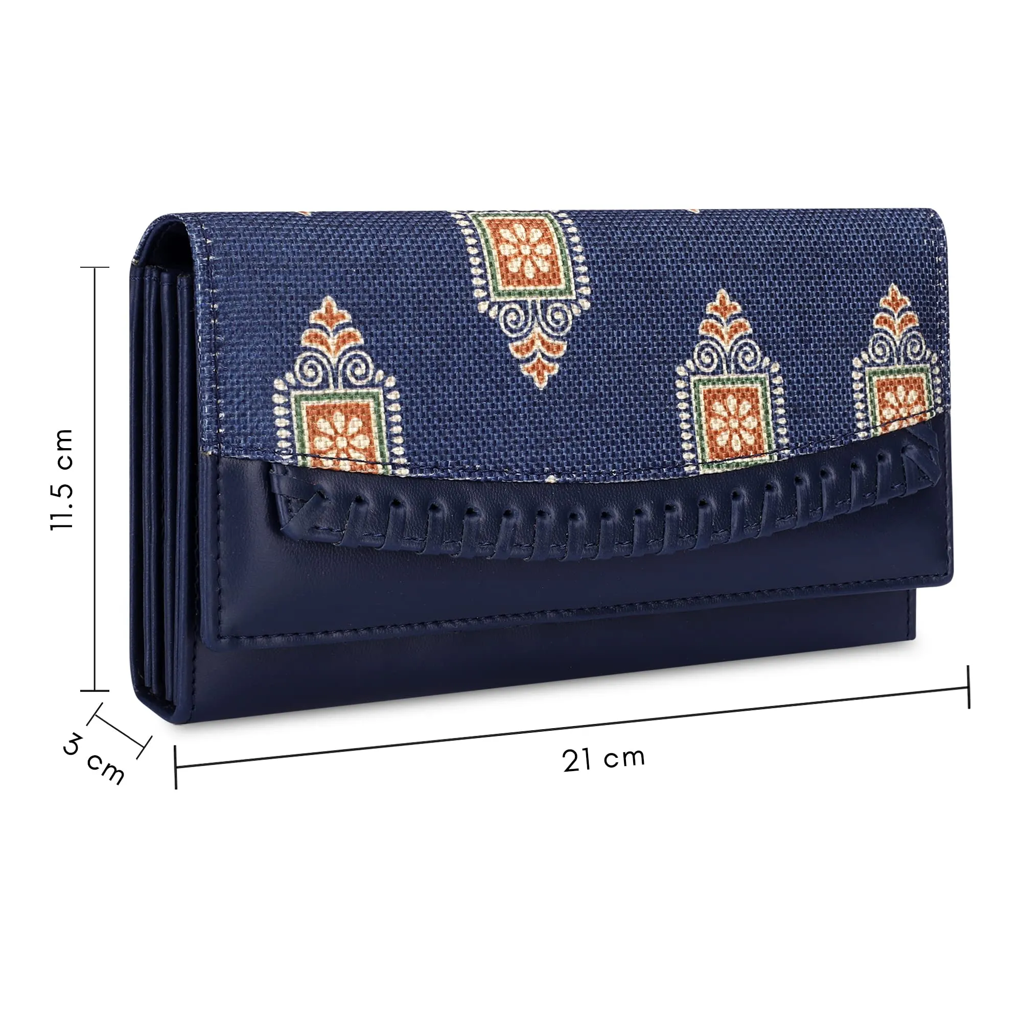 THE CLOWNFISH Ladyluxe Collection Printed Handicraft Fabric & Faux Leather Womens Wallet Clutch Ladies Purse with Snap Flap Closure & Multiple Card Slots (Dark Blue)