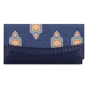 THE CLOWNFISH Ladyluxe Collection Printed Handicraft Fabric & Faux Leather Womens Wallet Clutch Ladies Purse with Snap Flap Closure & Multiple Card Slots (Dark Blue)