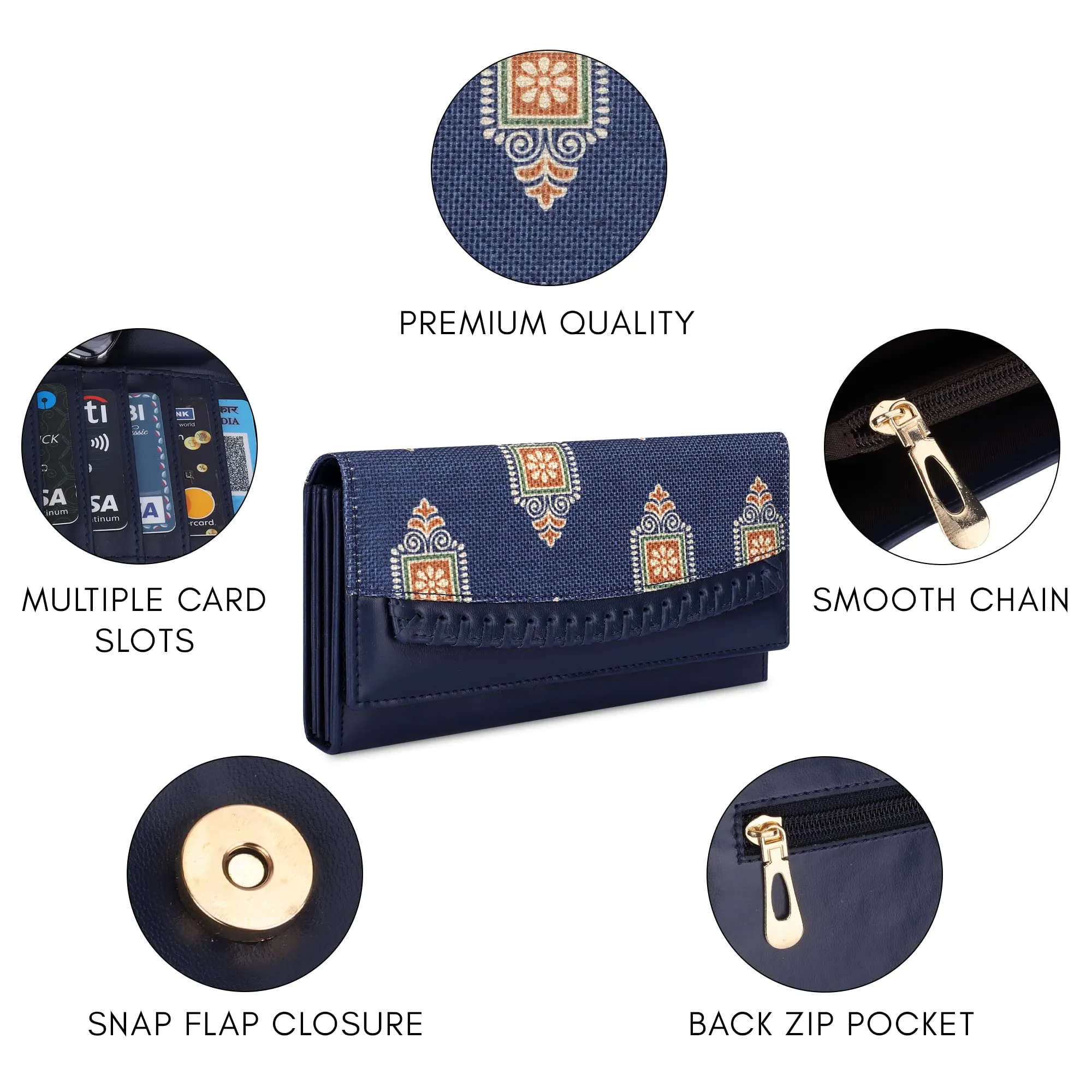 THE CLOWNFISH Ladyluxe Collection Printed Handicraft Fabric & Faux Leather Womens Wallet Clutch Ladies Purse with Snap Flap Closure & Multiple Card Slots (Dark Blue)