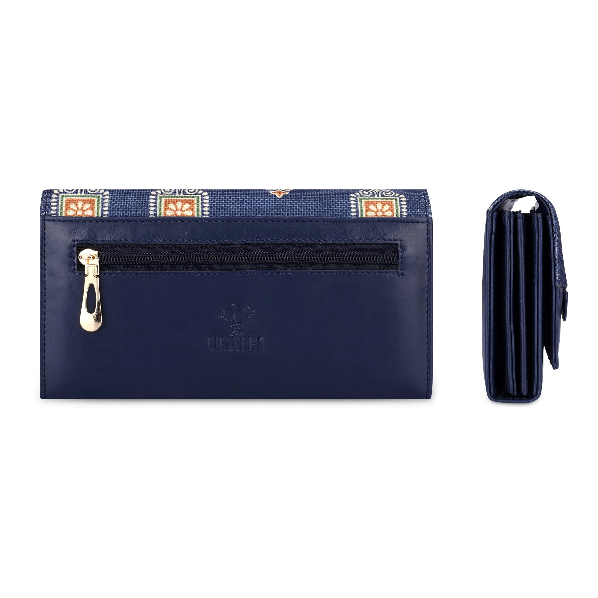 THE CLOWNFISH Ladyluxe Collection Printed Handicraft Fabric & Faux Leather Womens Wallet Clutch Ladies Purse with Snap Flap Closure & Multiple Card Slots (Dark Blue)