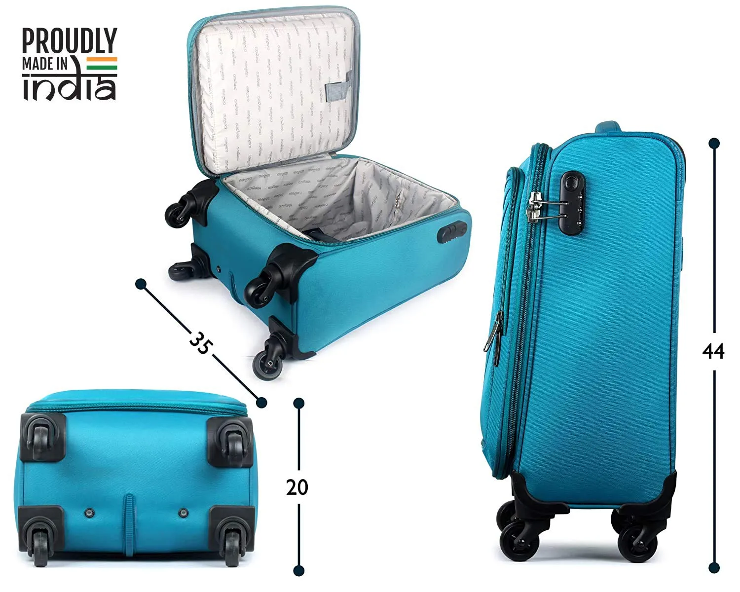 THE CLOWNFISH Voyage Luggage Polyester Trolley Bag Polyester Softsided Suitcase 4 Wheel Trolley Bag (44 cm, Turquiose)