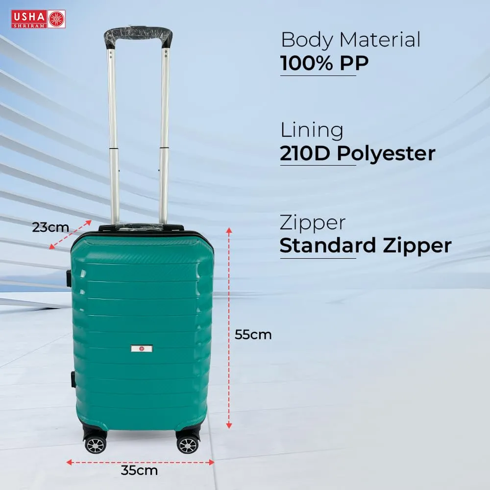 USHA SHRIRAM Polypropylene (Cabin Bag) 20 inch Luggage Bag (55cm)|Trolley Suitcase for Travel | Travel Luggage for Men Women |360 Wheel | Travel Bags for Luggage Trolley | Carry On Suitcase (Green)