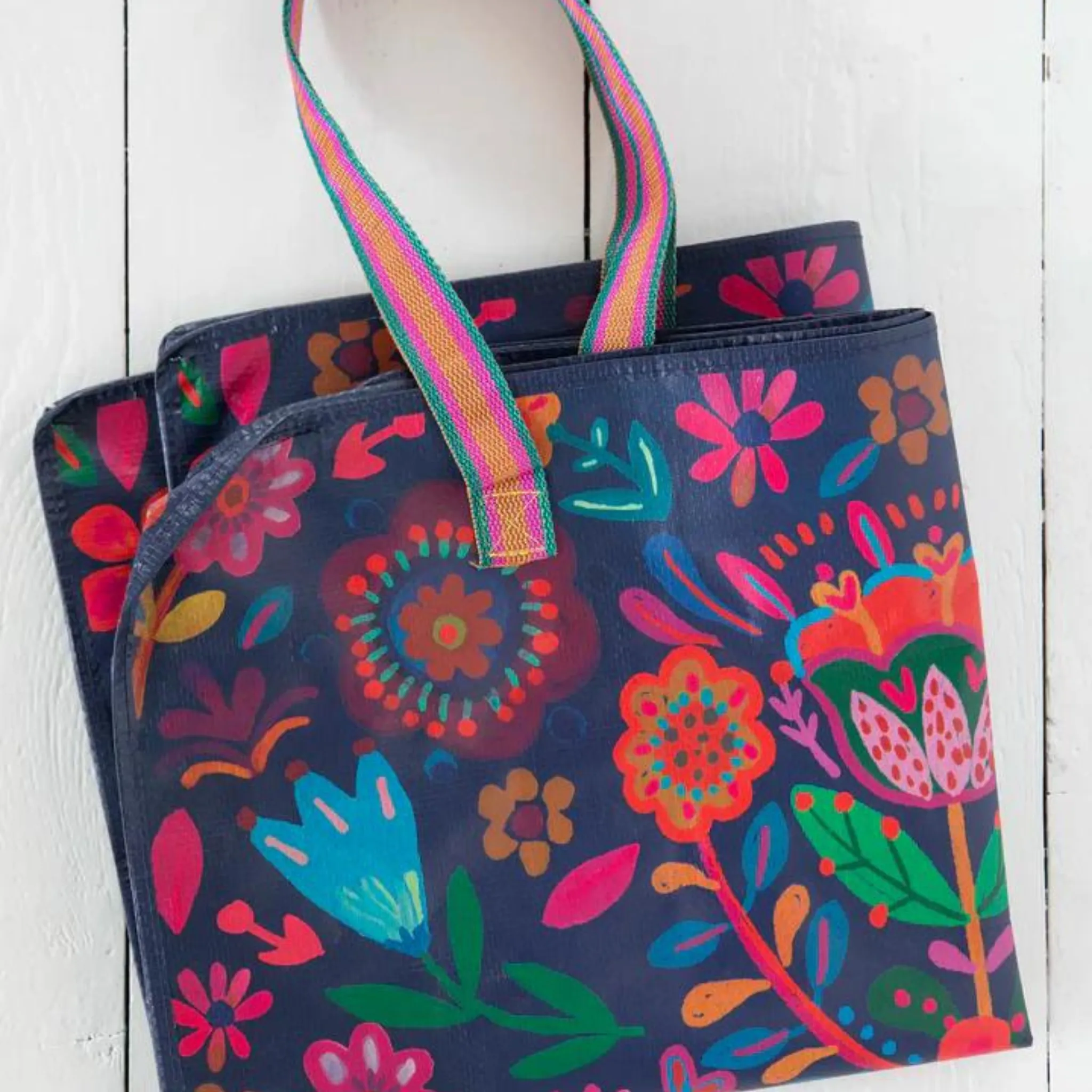 XL Zip Tote Bag - Indigo Folk Flower